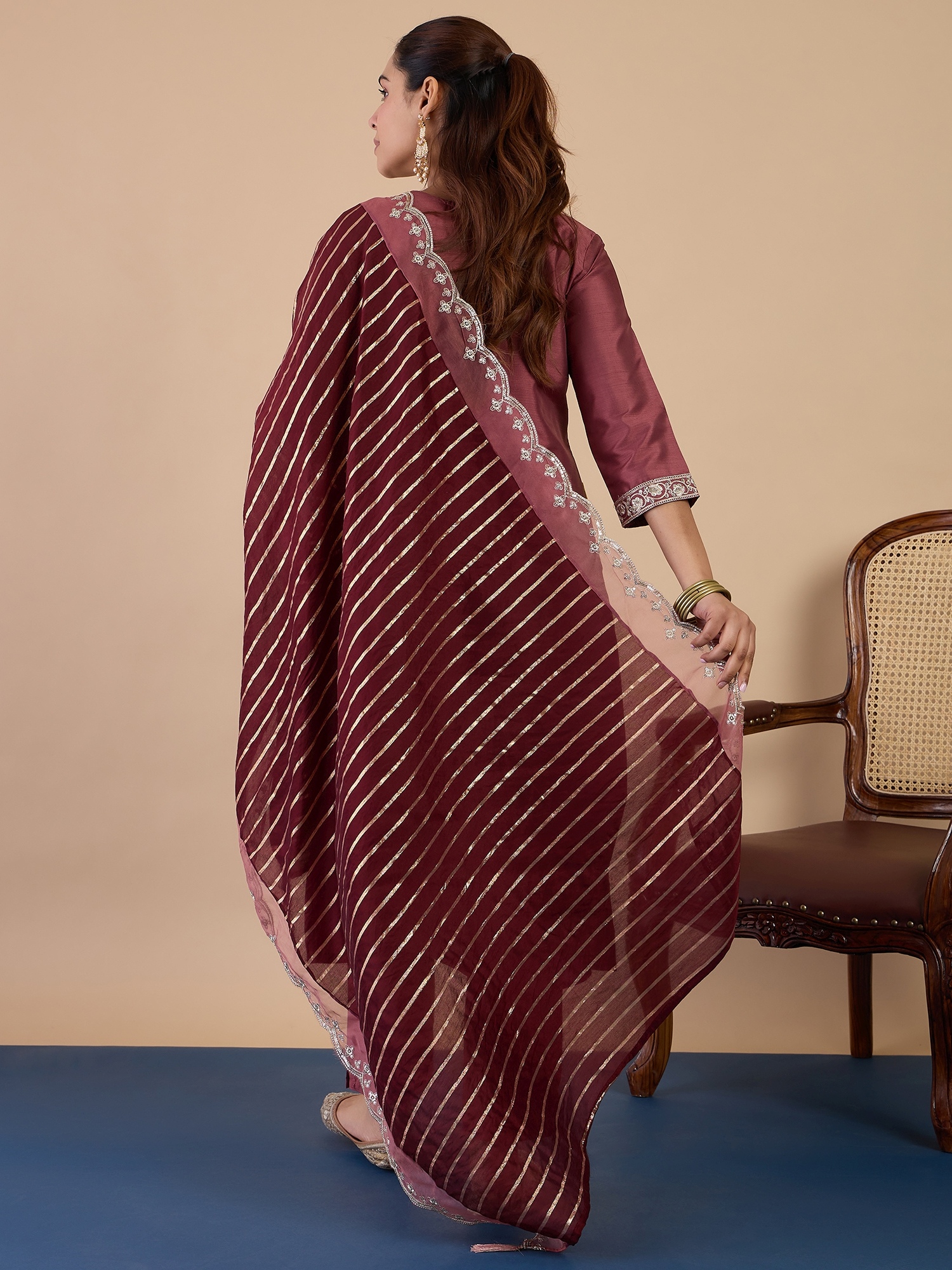 Coffee Floral Embroidered Silk Blend Kurta Set — alternate view
