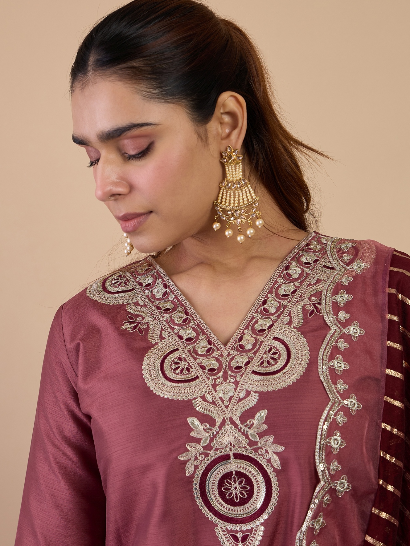 Coffee Floral Embroidered Silk Blend Kurta Set