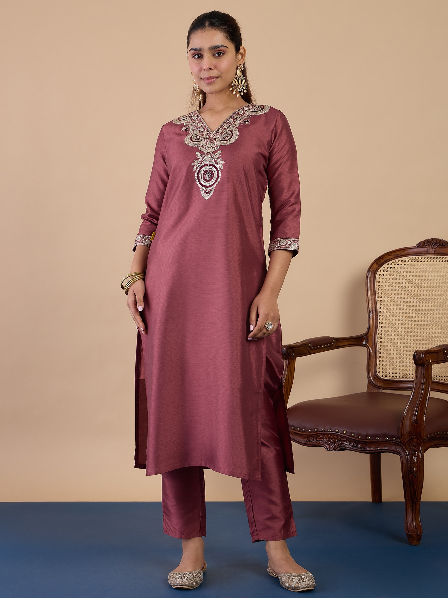 Coffee Floral Embroidered Silk Blend Kurta Set