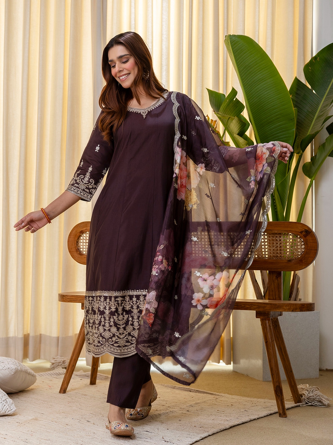 Coffee Floral Embroidered Silk Blend Salwar Suit
