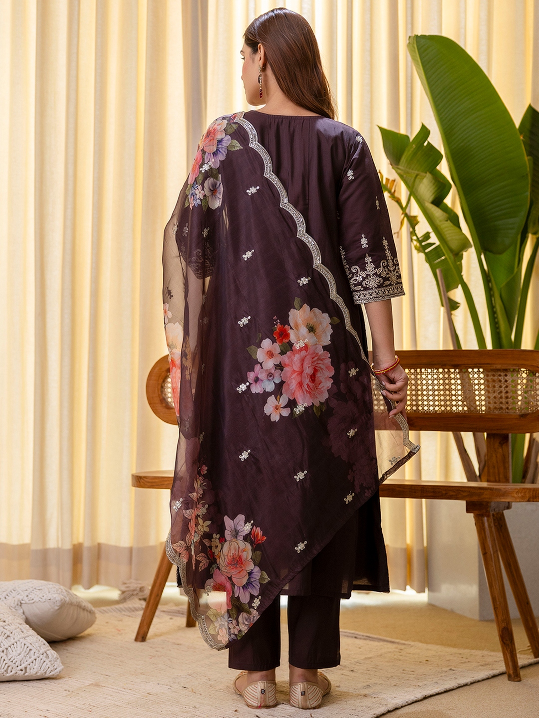 Coffee Floral Embroidered Silk Blend Salwar Suit — alternate view