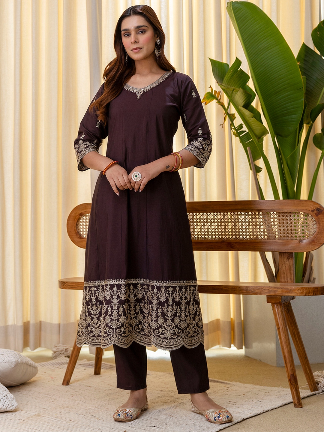 Coffee Floral Embroidered Silk Blend Salwar Suit