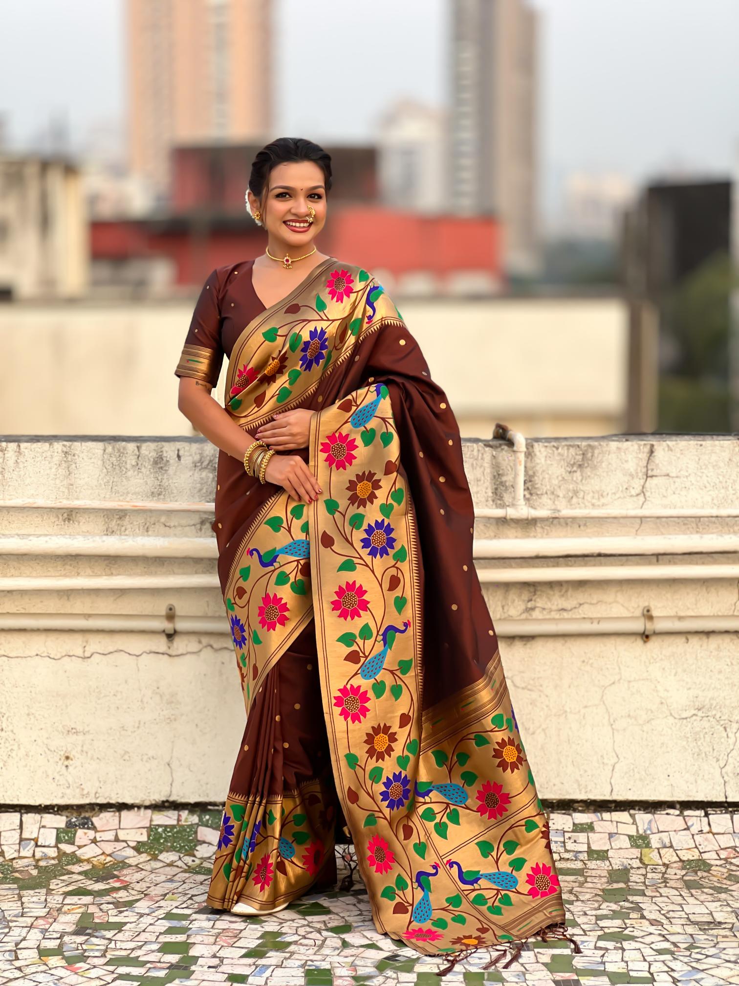 Coffee Floral N Peacock Motif Paithani Silk Saree