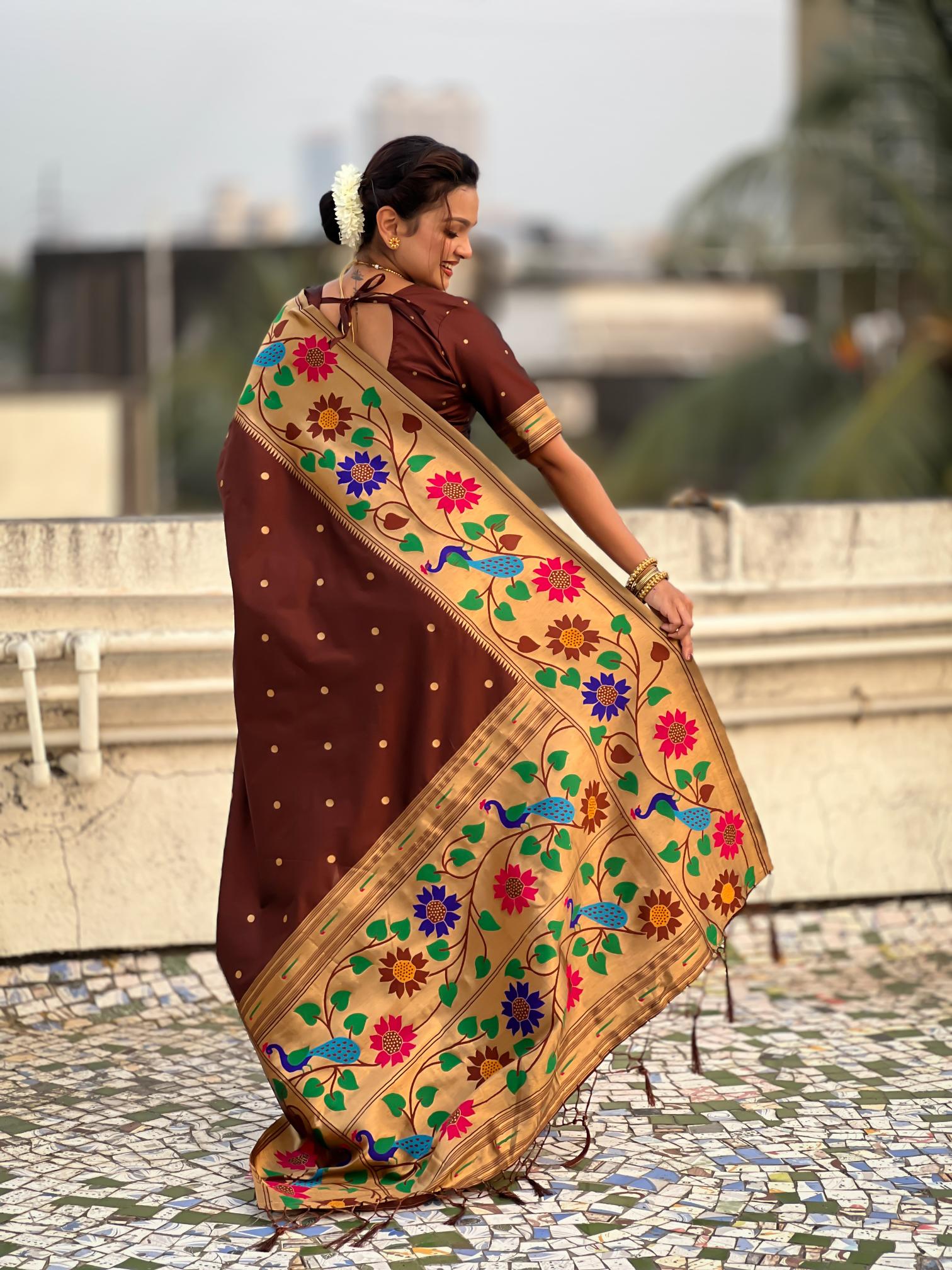 Coffee Floral N Peacock Motif Paithani Silk Saree — alternate view