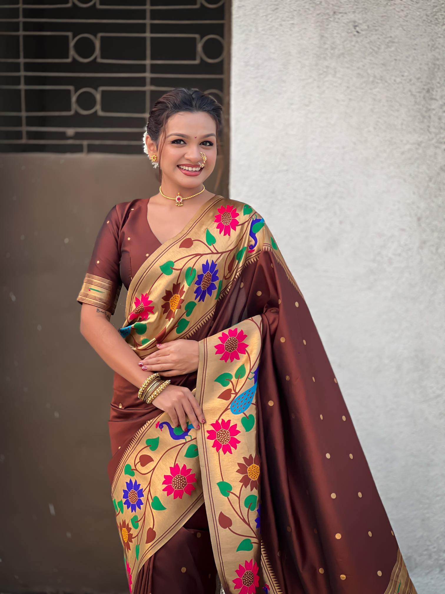 Coffee Floral N Peacock Motif Paithani Silk Saree