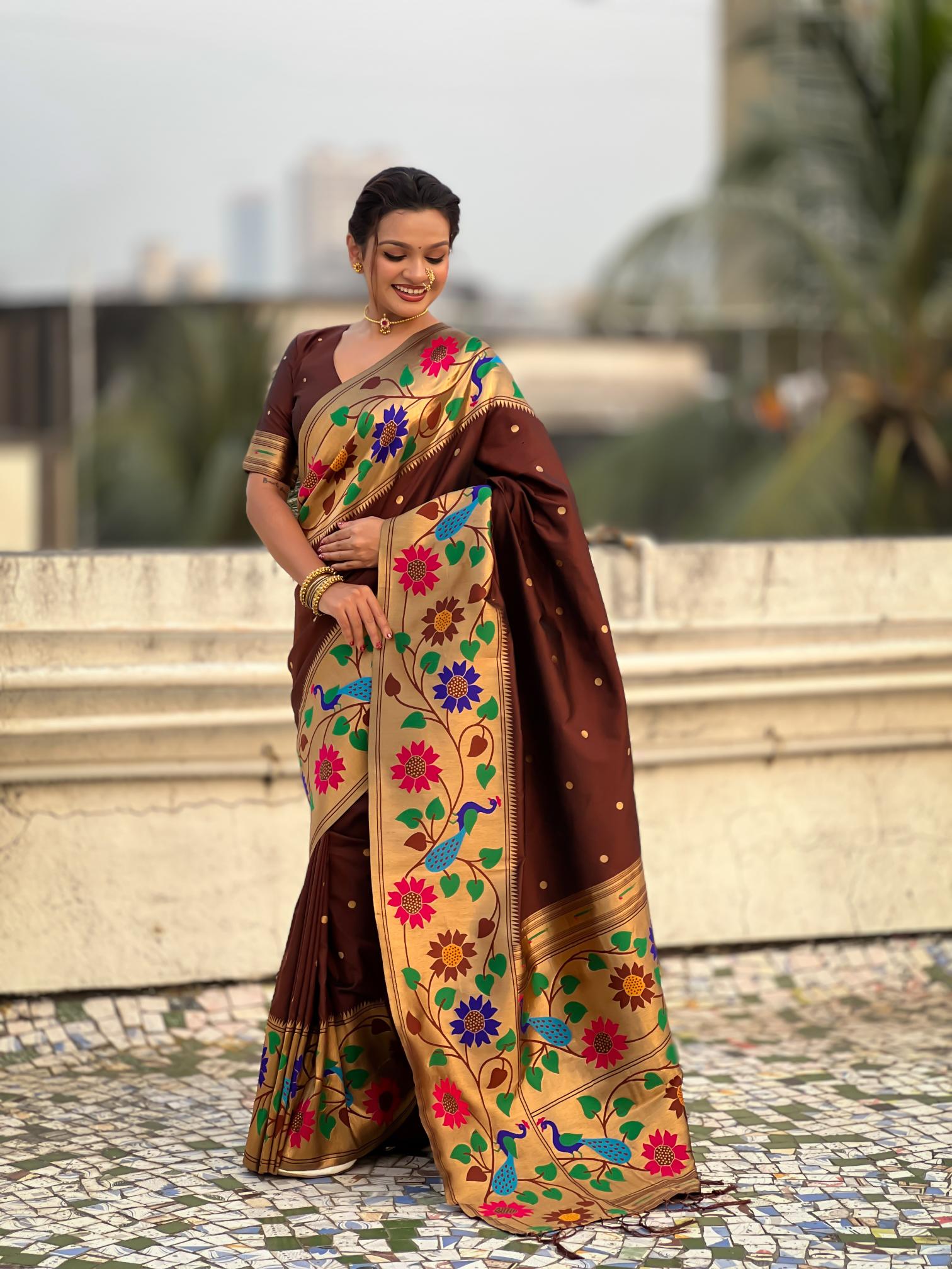 Coffee Floral N Peacock Motif Paithani Silk Saree