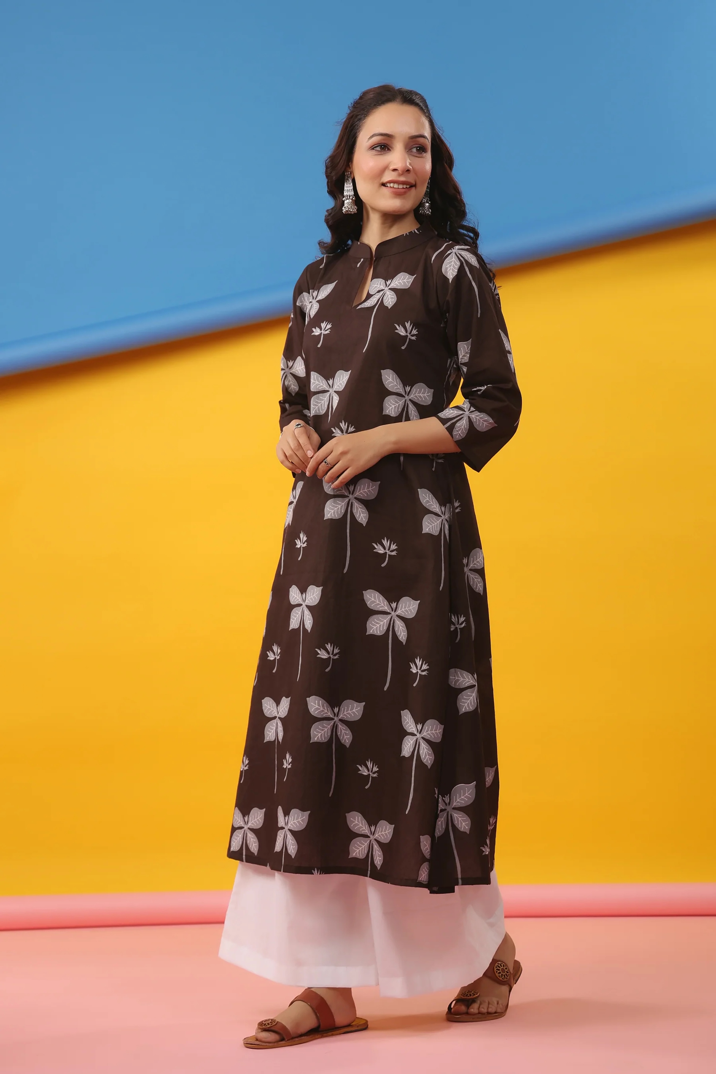 Coffee Floral Printed Cambric Cotton Kurti