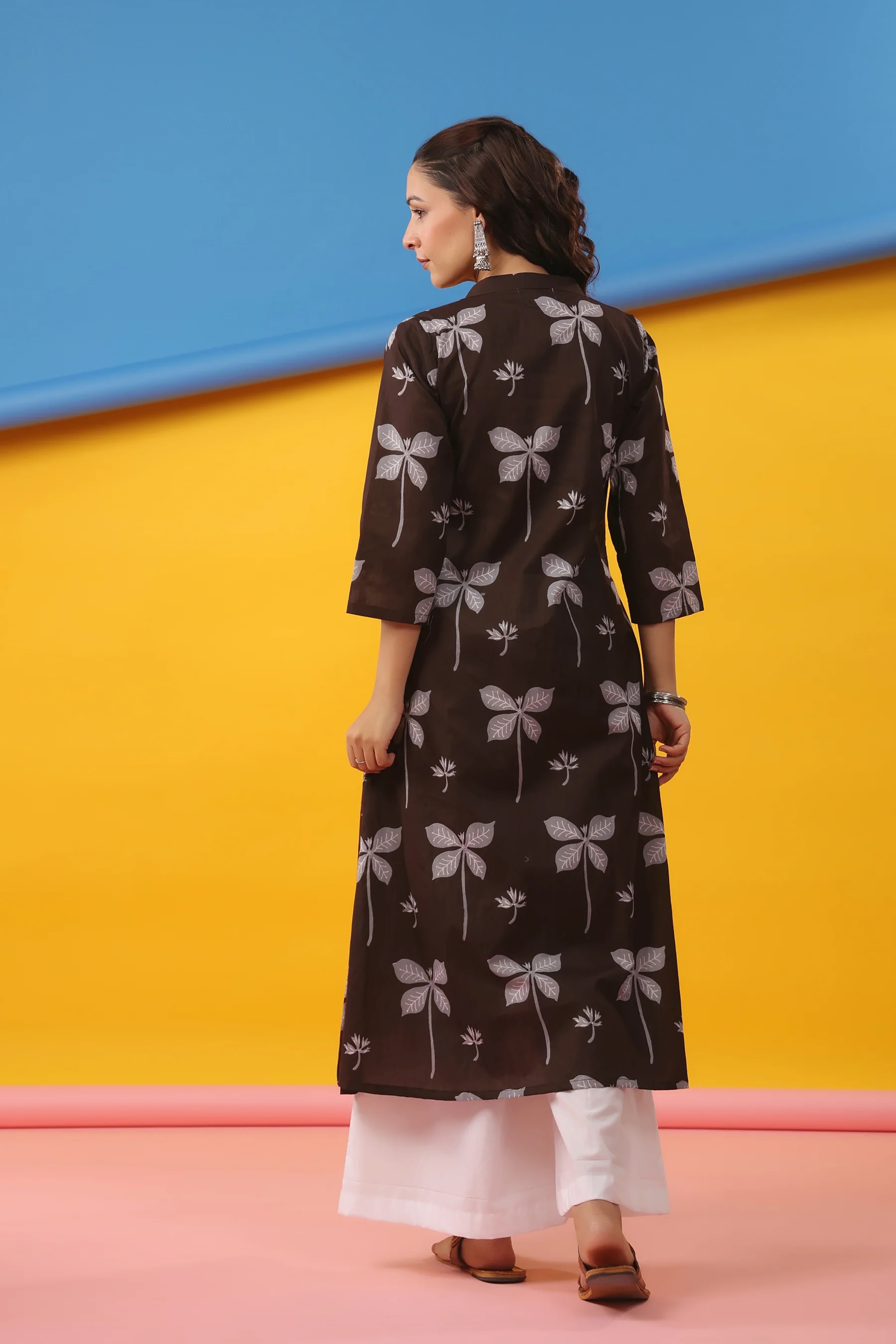 Coffee Floral Printed Cambric Cotton Kurti