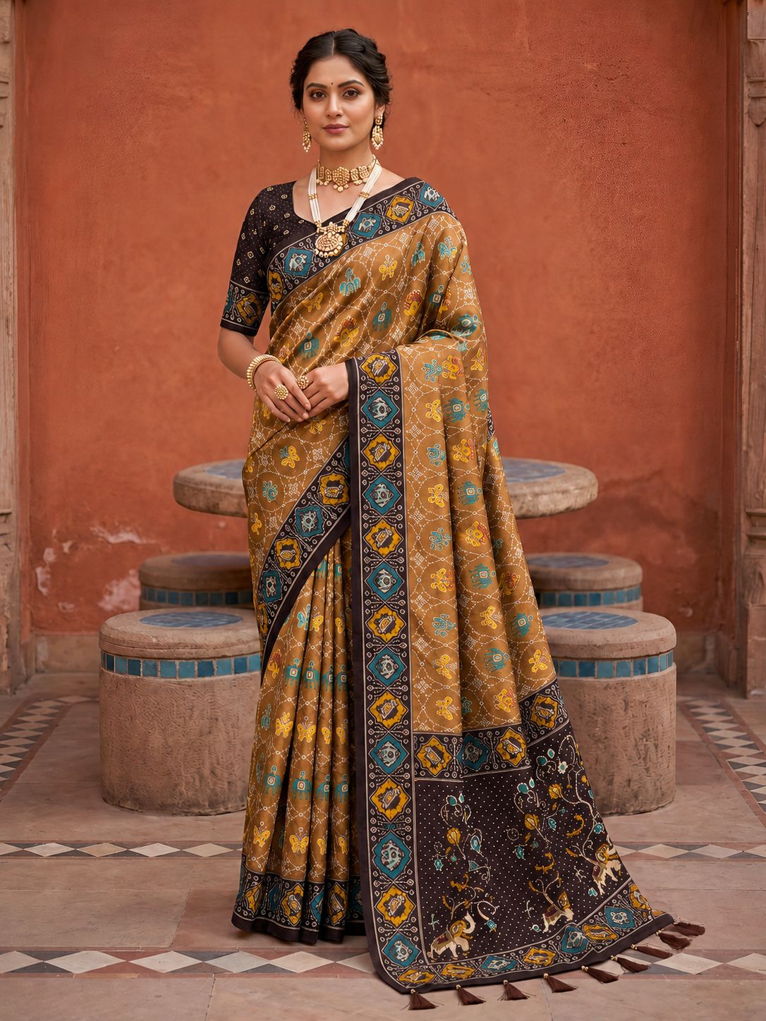 Coffee Geometric Woven Meenakari Jacquard Patola Silk Saree