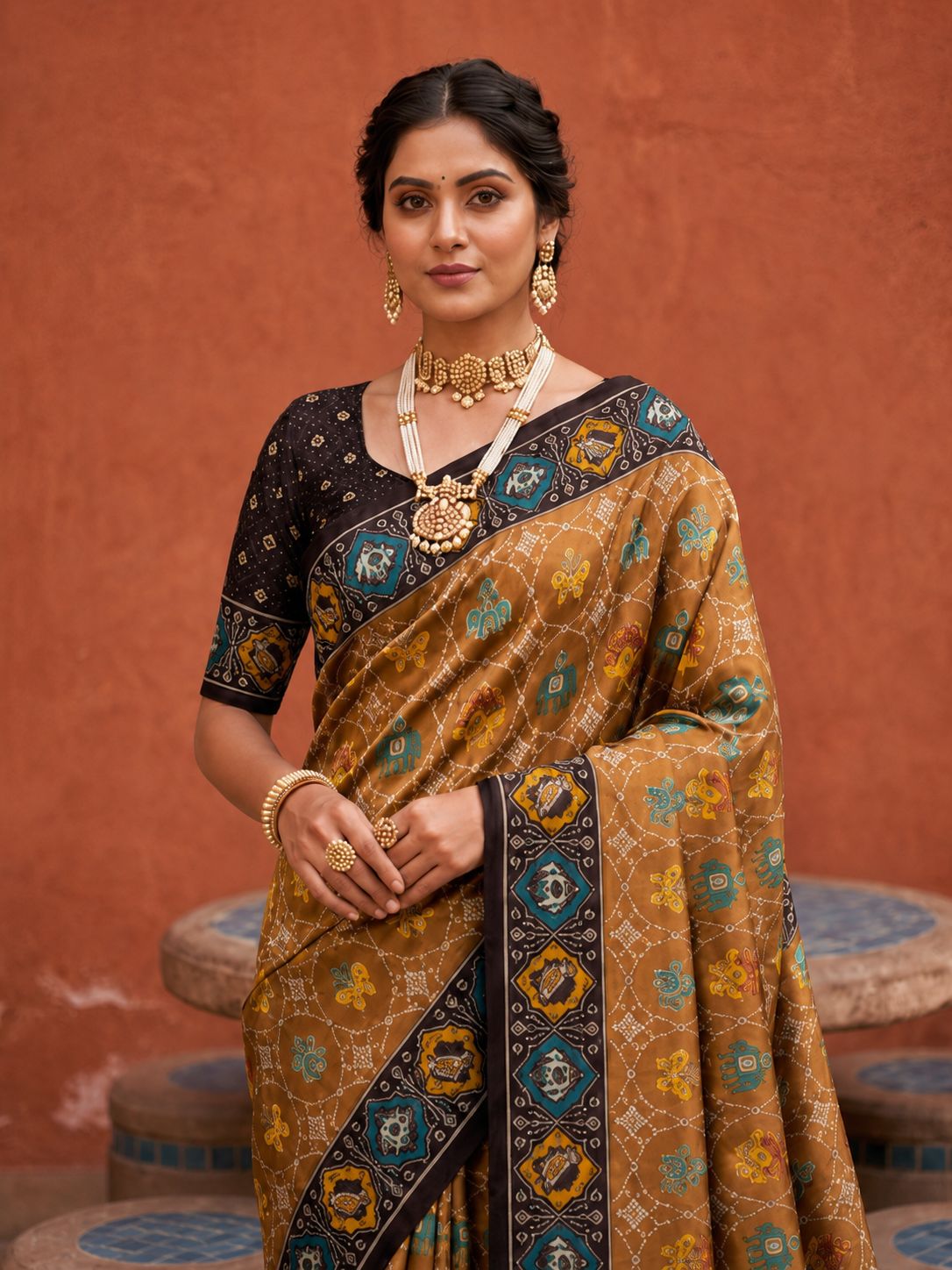 Coffee Geometric Woven Meenakari Jacquard Patola Silk Saree