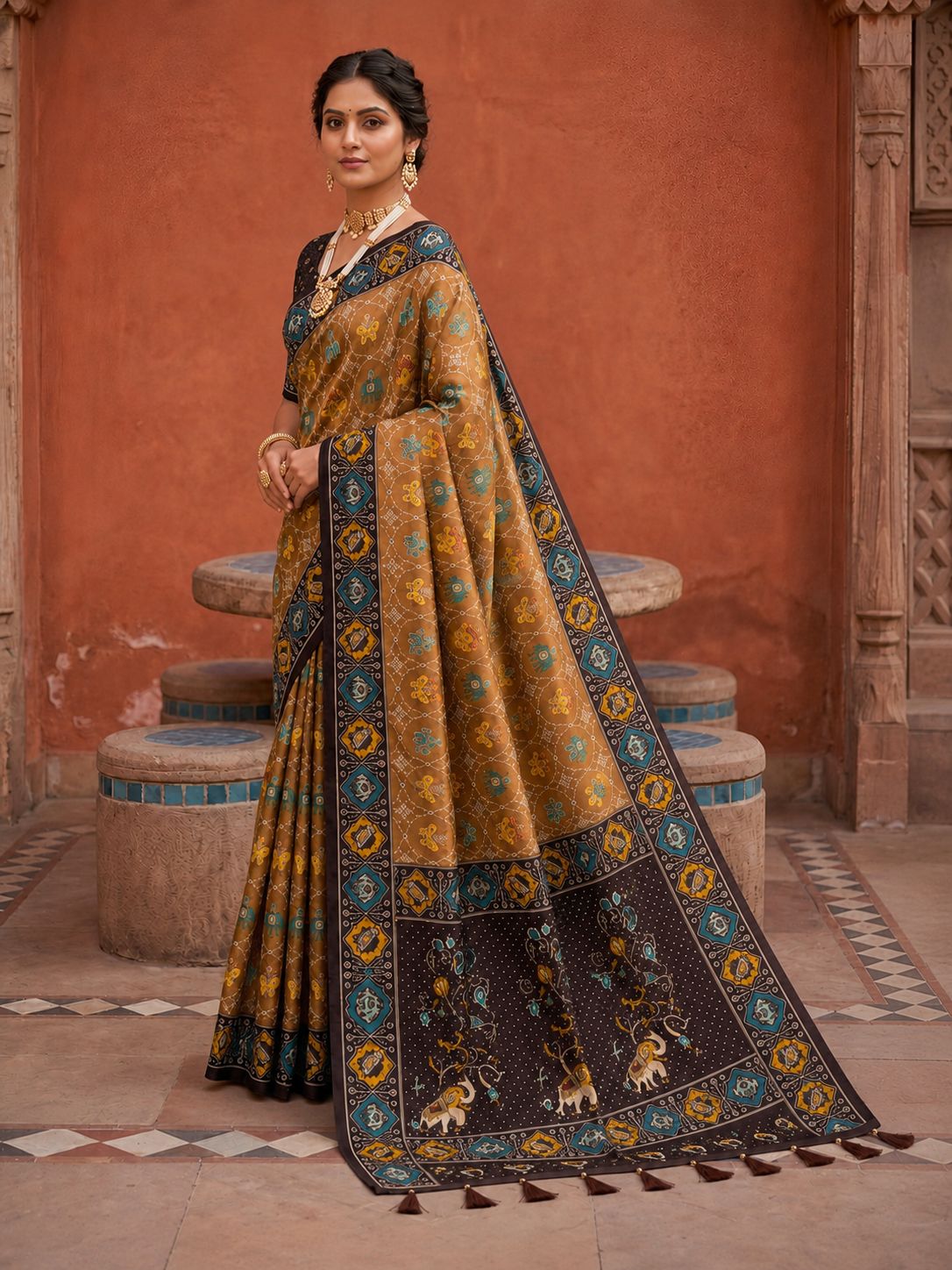 Coffee Geometric Woven Meenakari Jacquard Patola Silk Saree