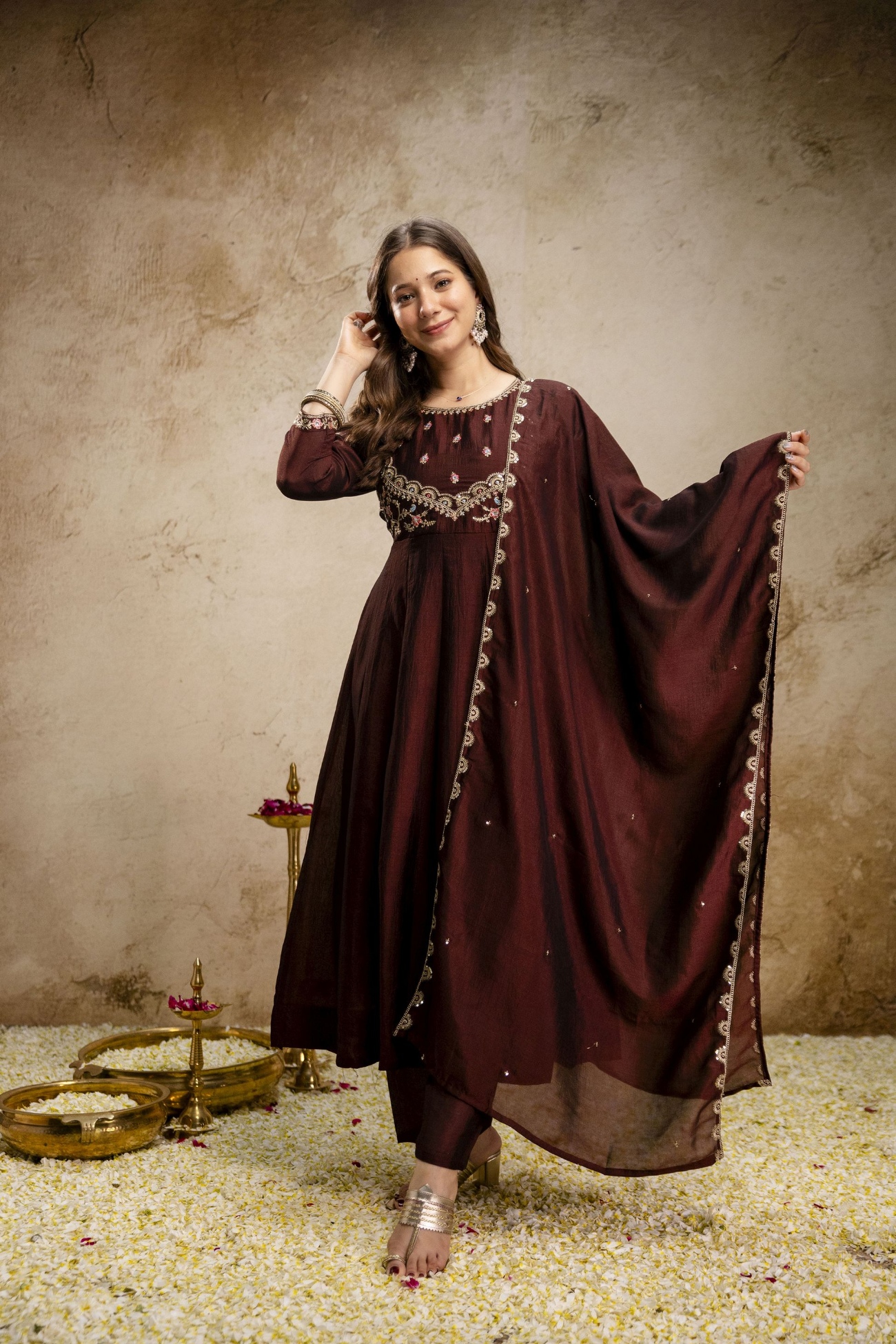 Coffee Heritage Embroidered Vichitra Silk Anarkali Suit