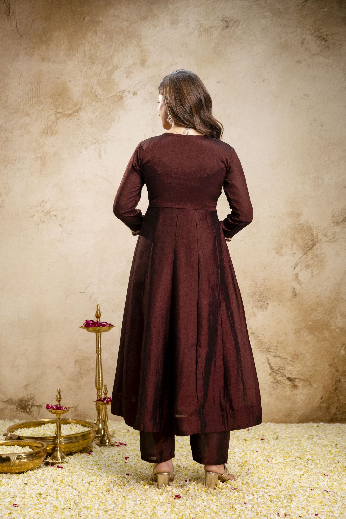 Coffee Heritage Embroidered Vichitra Silk Anarkali Suit — alternate view