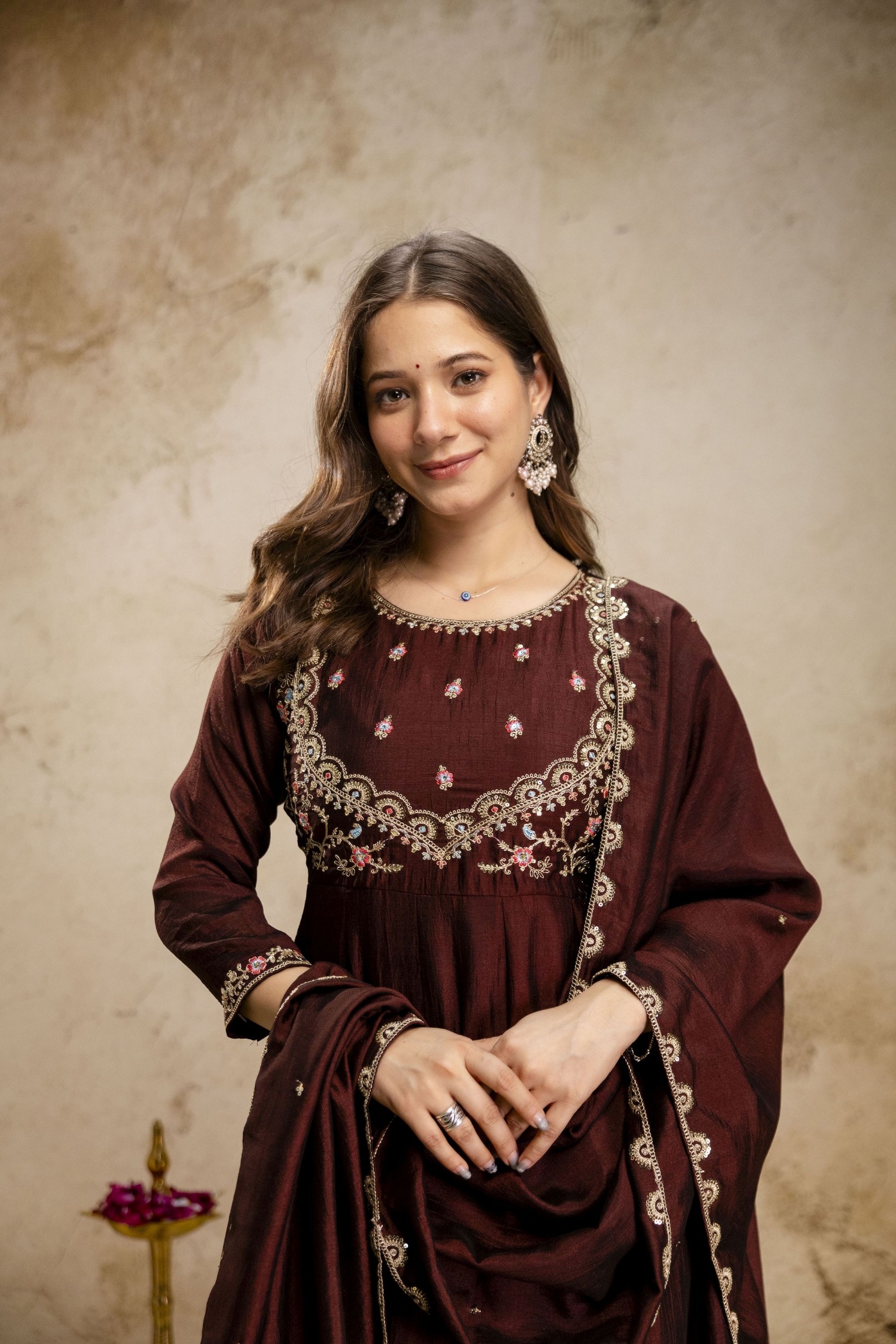 Coffee Heritage Embroidered Vichitra Silk Anarkali Suit