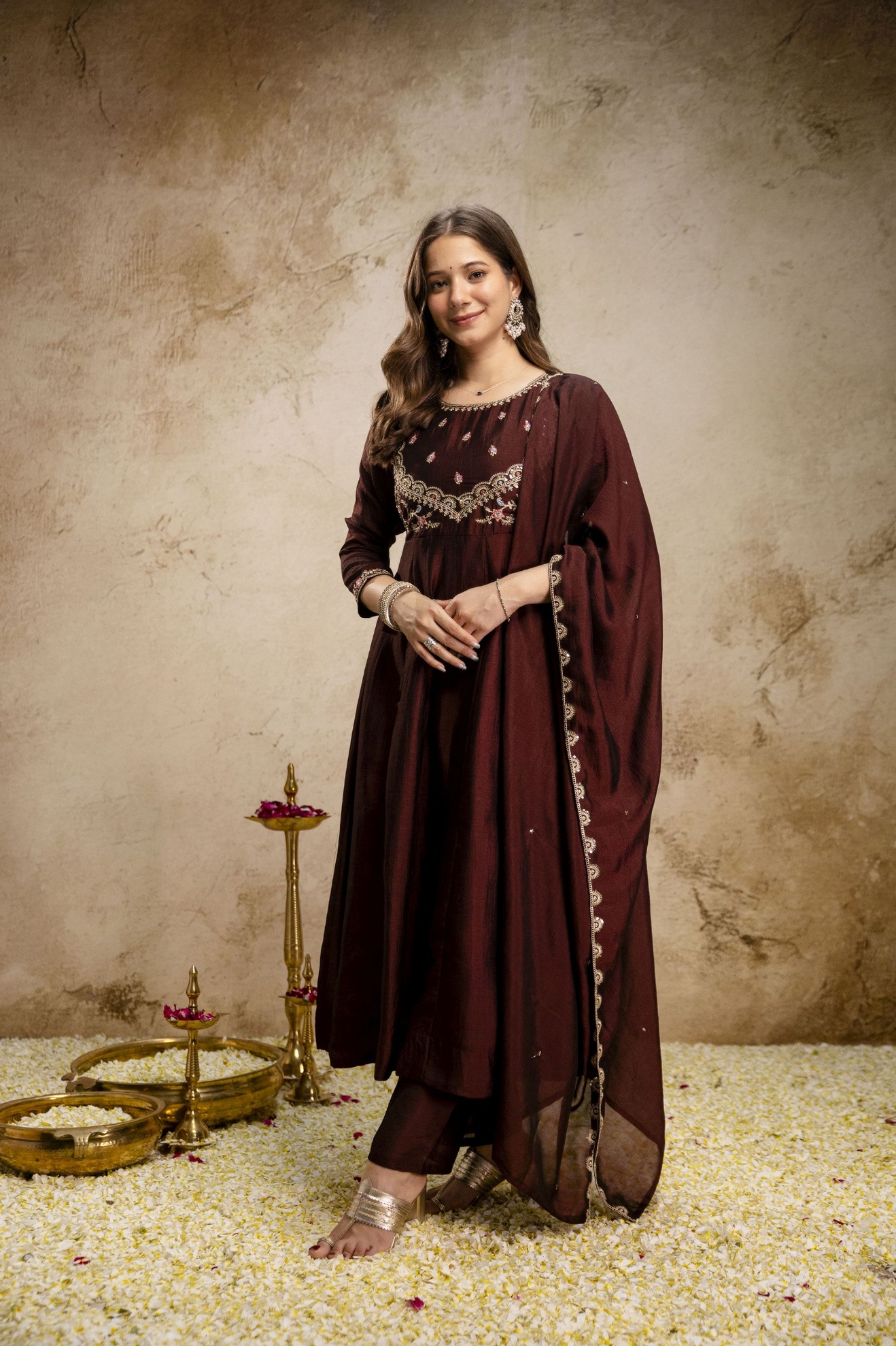 Coffee Heritage Embroidered Vichitra Silk Anarkali Suit