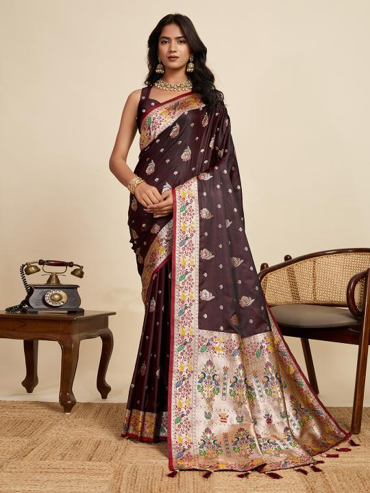 Coffee Meenakari Satin Silk saree