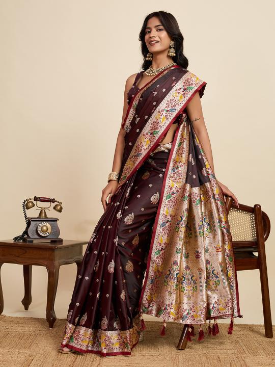 Coffee Meenakari Satin Silk saree