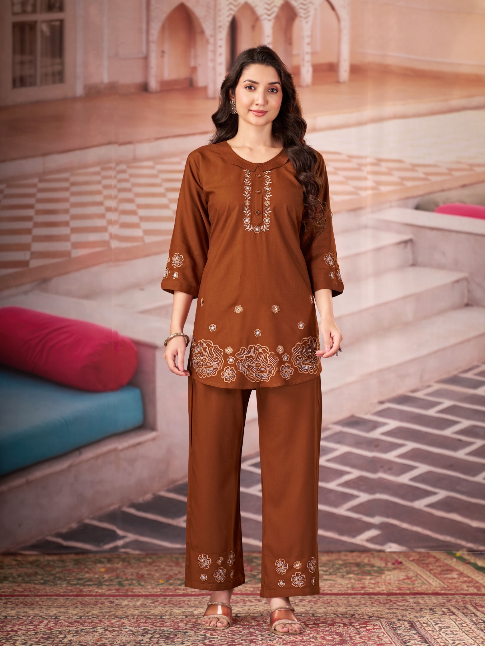 Coffee Multi-Thread Embroidery Rayon Co-Ord Set