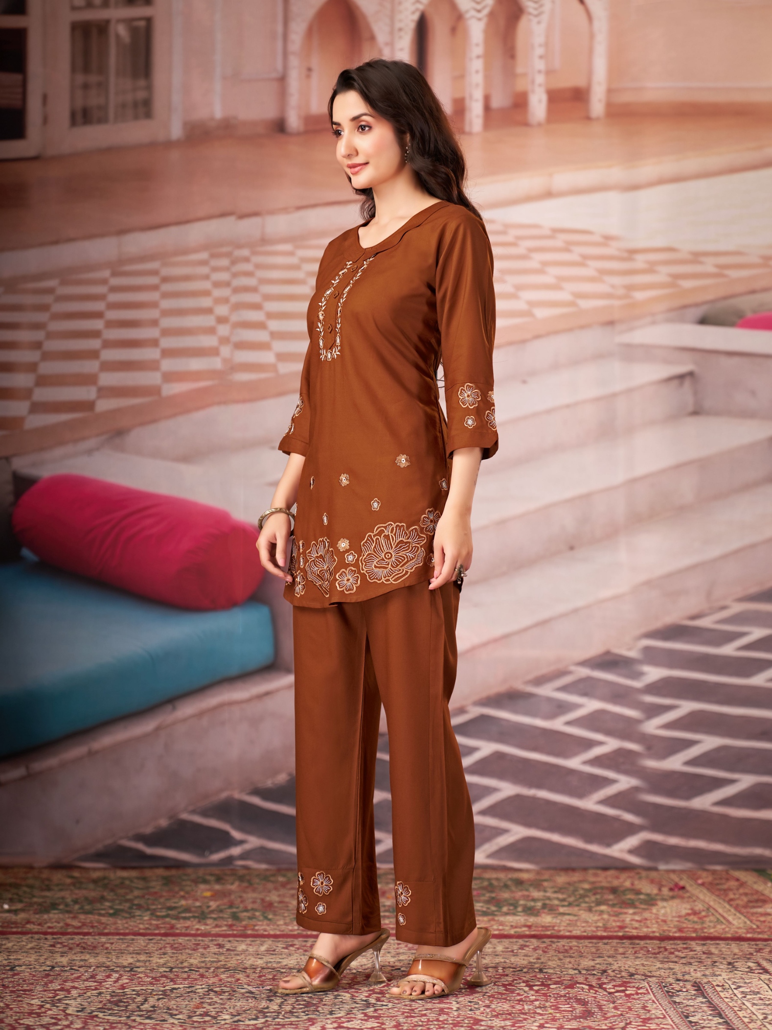 Coffee Multi-Thread Embroidery Rayon Co-Ord Set — alternate view