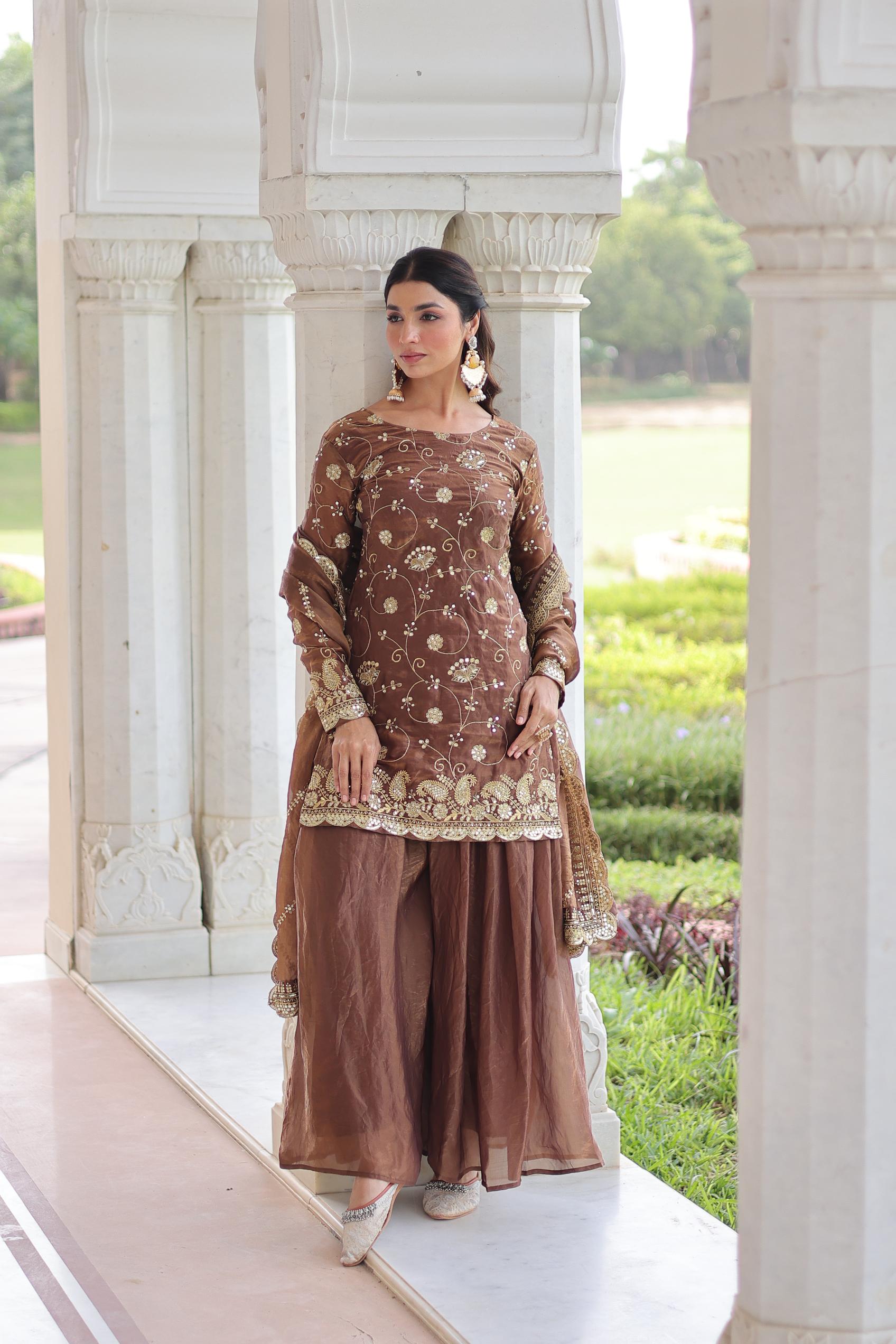 Coffee Sequins Embroidered Fendy Silk Sharara Suit