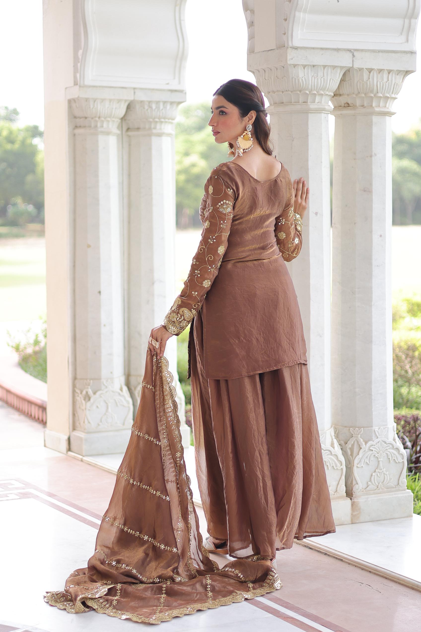 Coffee Sequins Embroidered Fendy Silk Sharara Suit — alternate view