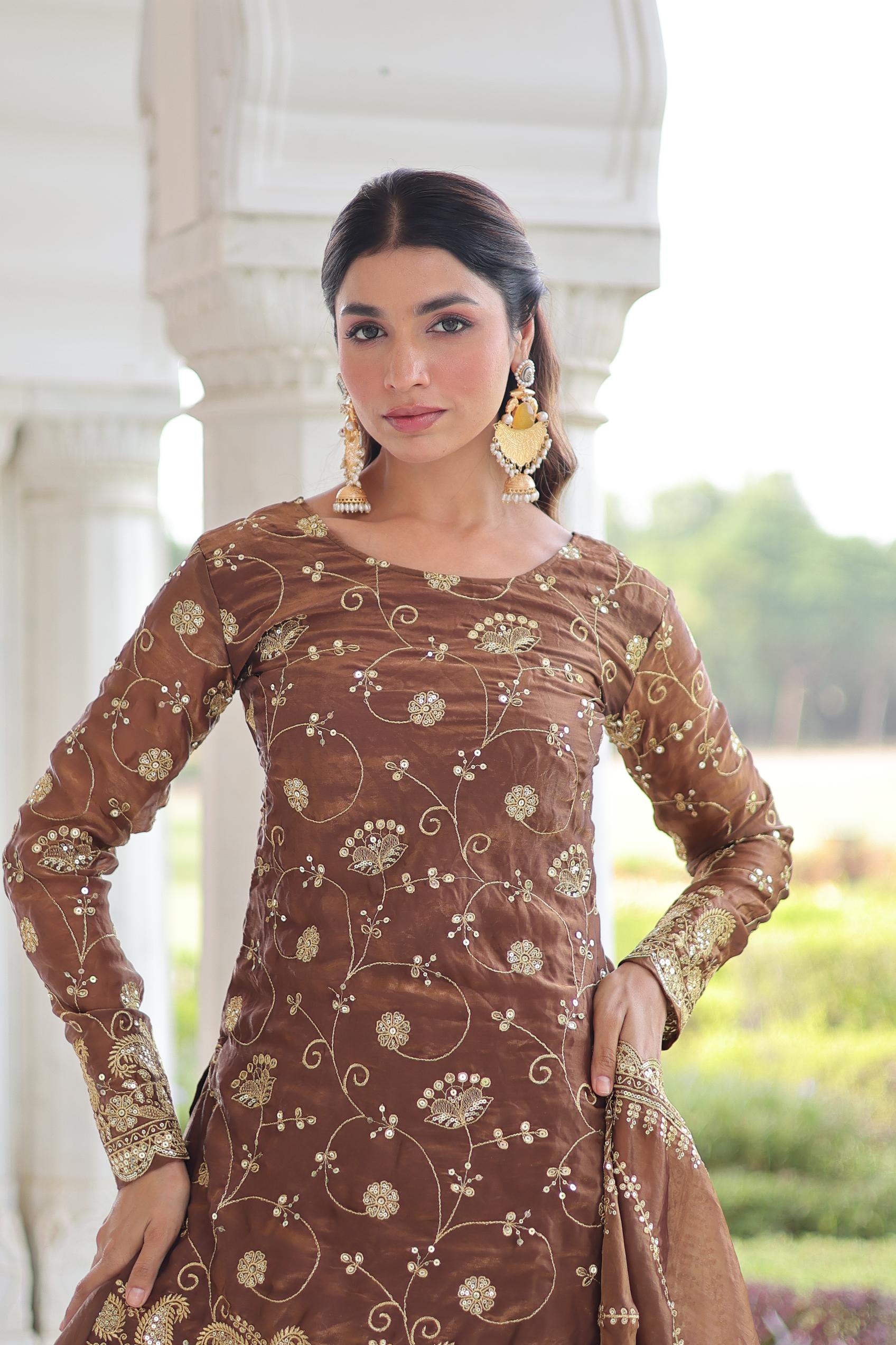 Coffee Sequins Embroidered Fendy Silk Sharara Suit