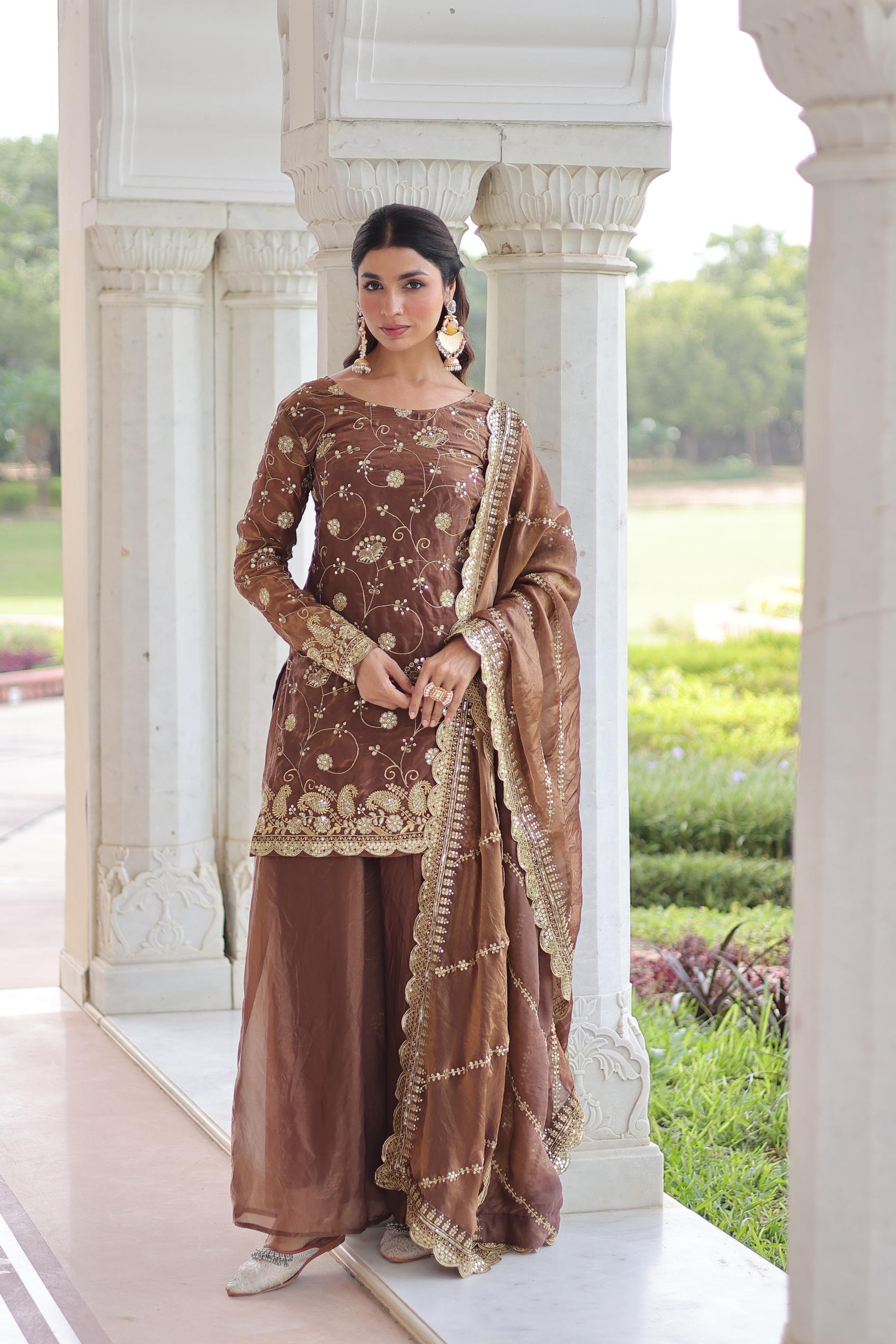 Coffee Sequins Embroidered Fendy Silk Sharara Suit