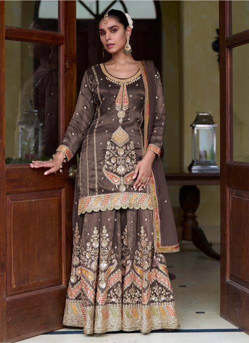 Coffee Shimmer Silk Long Choli Lehenga