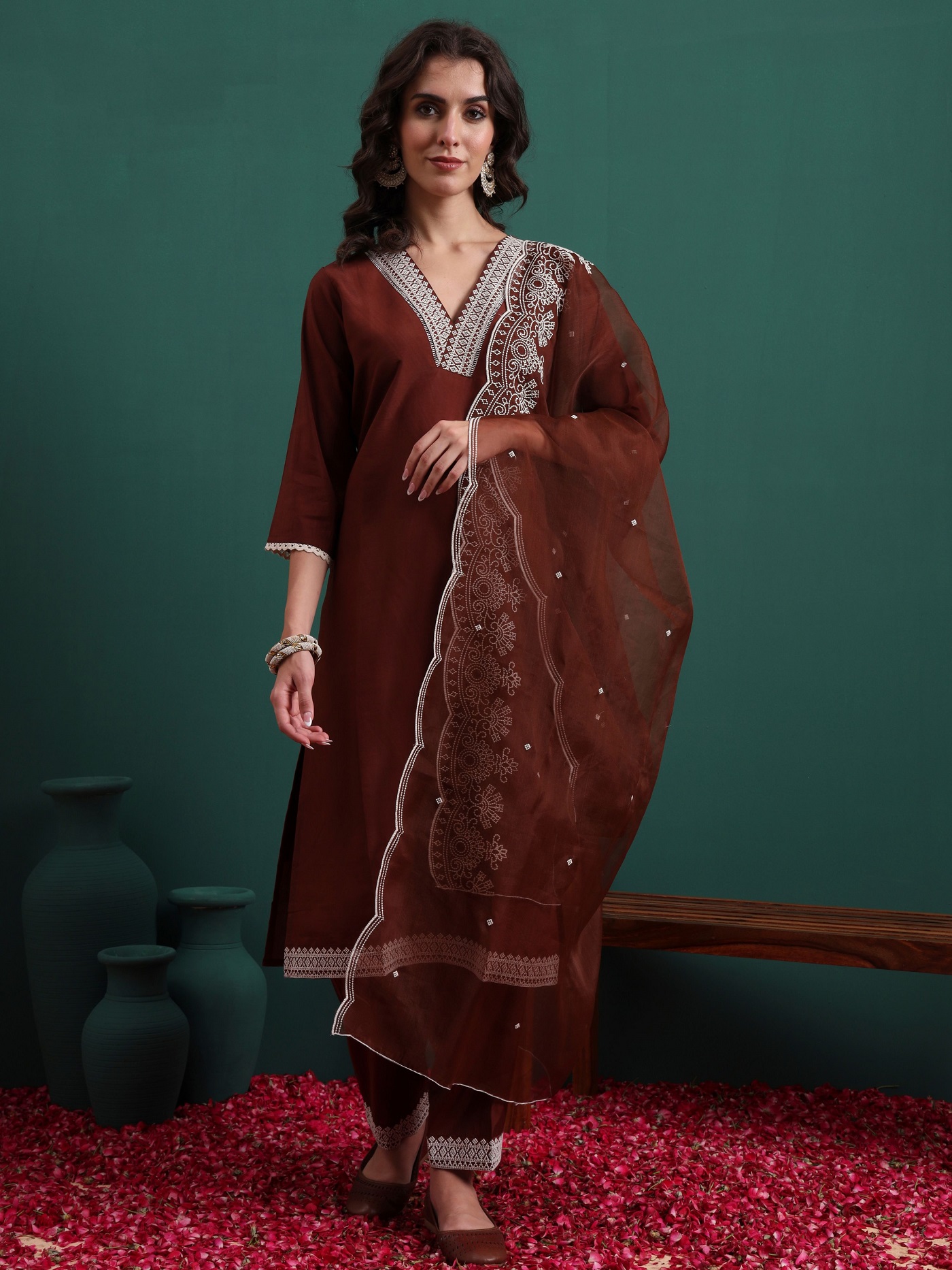 Coffee Silk Blend Embroidered Readymade Suit