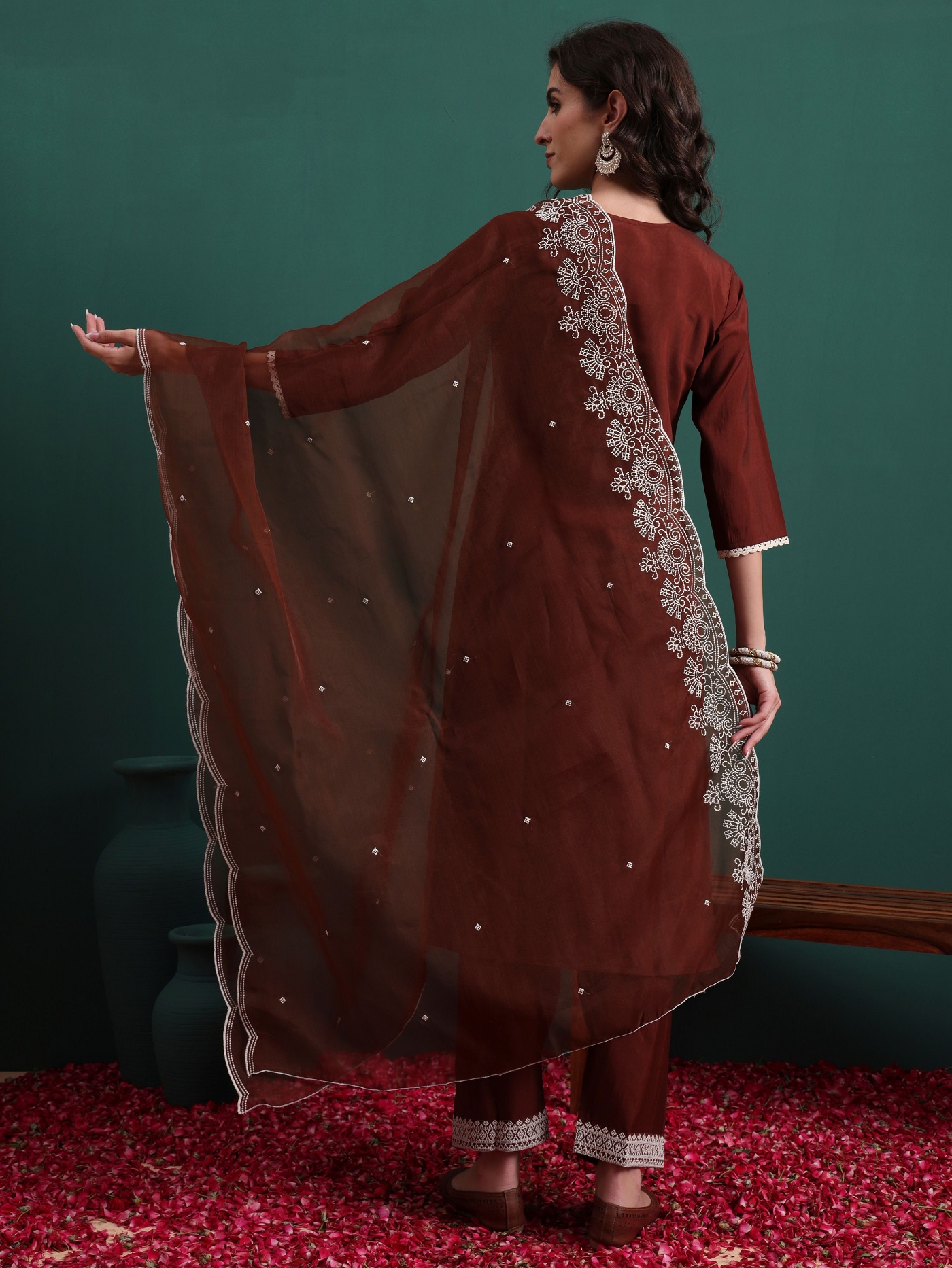 Coffee Silk Blend Embroidered Readymade Suit — alternate view