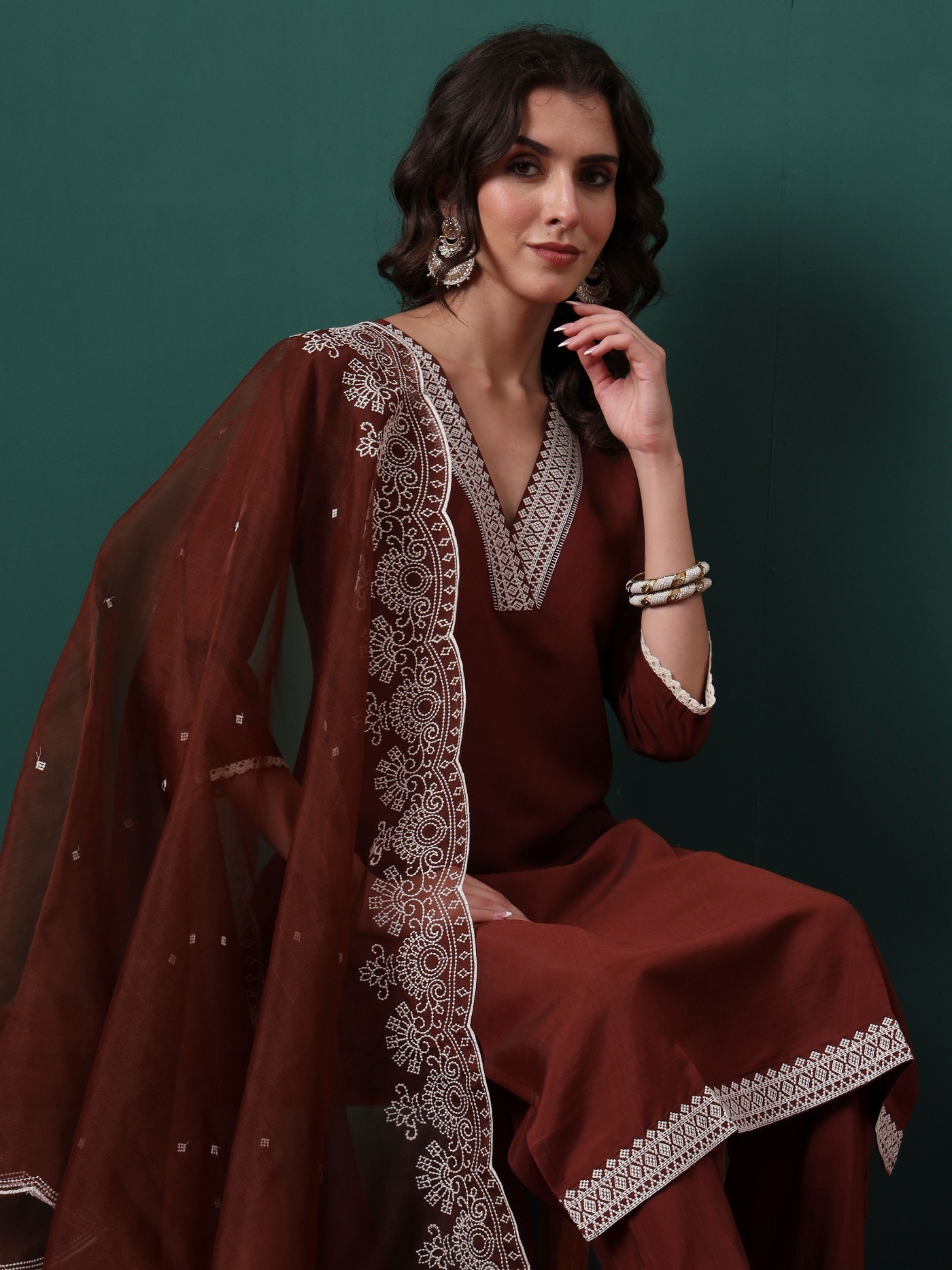 Coffee Silk Blend Embroidered Readymade Suit