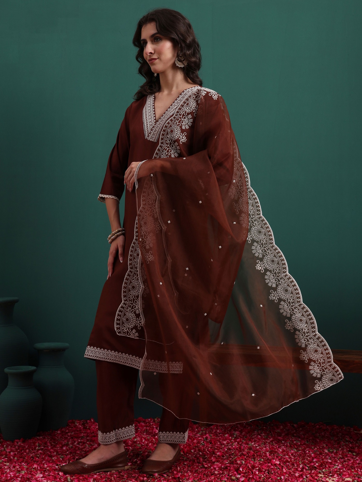 Coffee Silk Blend Embroidered Readymade Suit