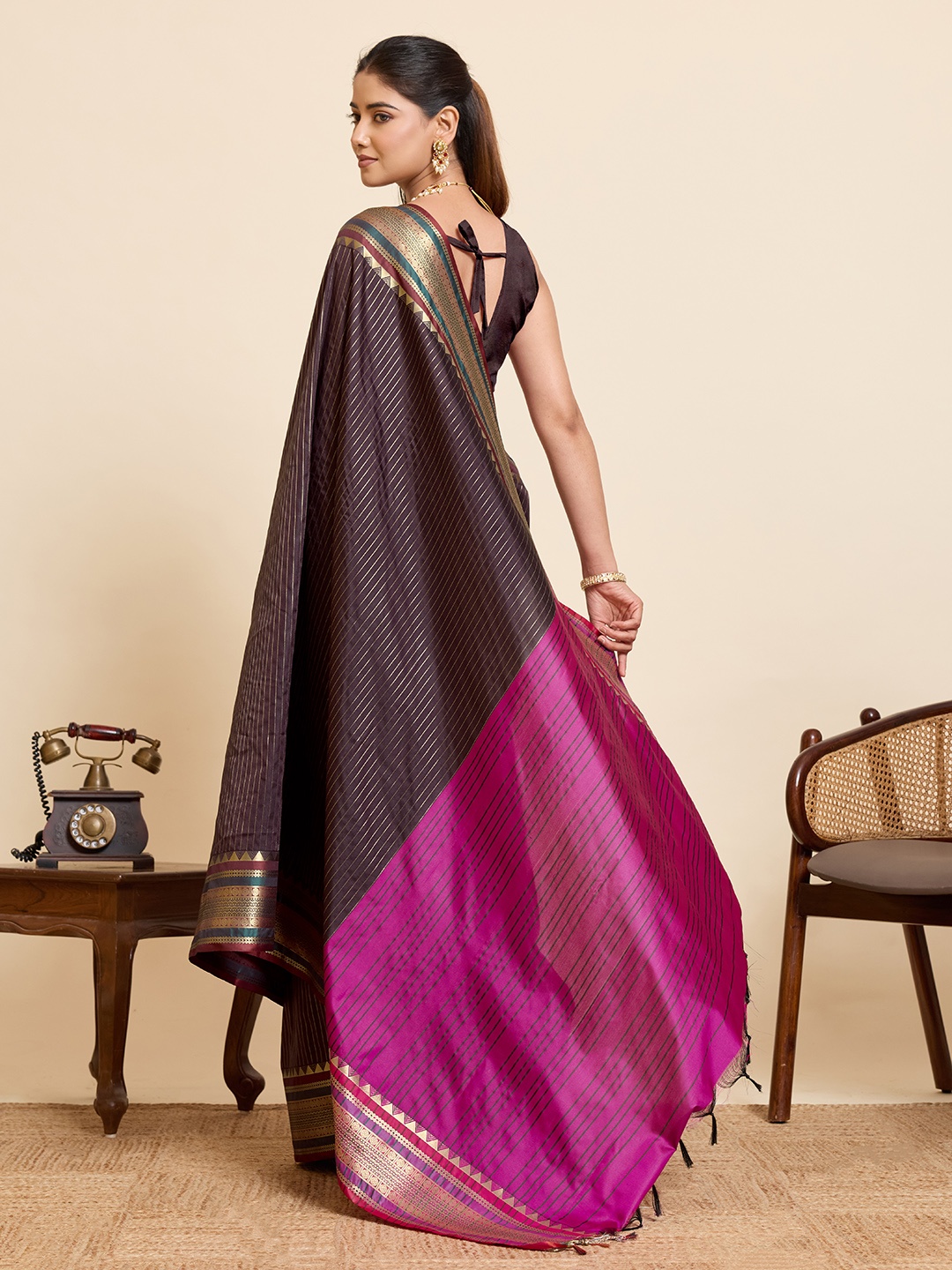 Coffee Silk Classic Zari Woven Designer Saree — alternate view