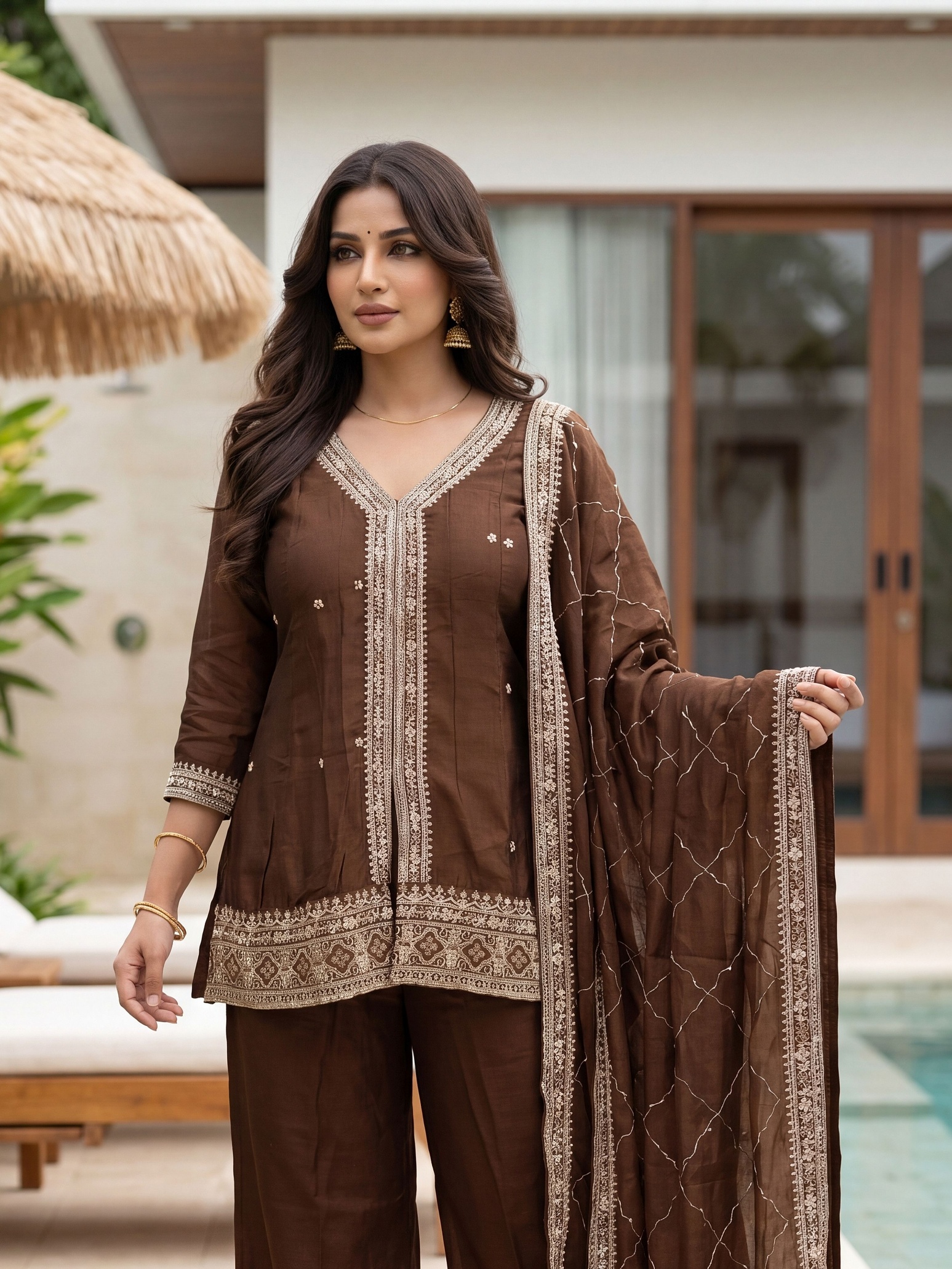 Coffee Solid Designer Embroidery Vichitra Silk Palazzo Suit