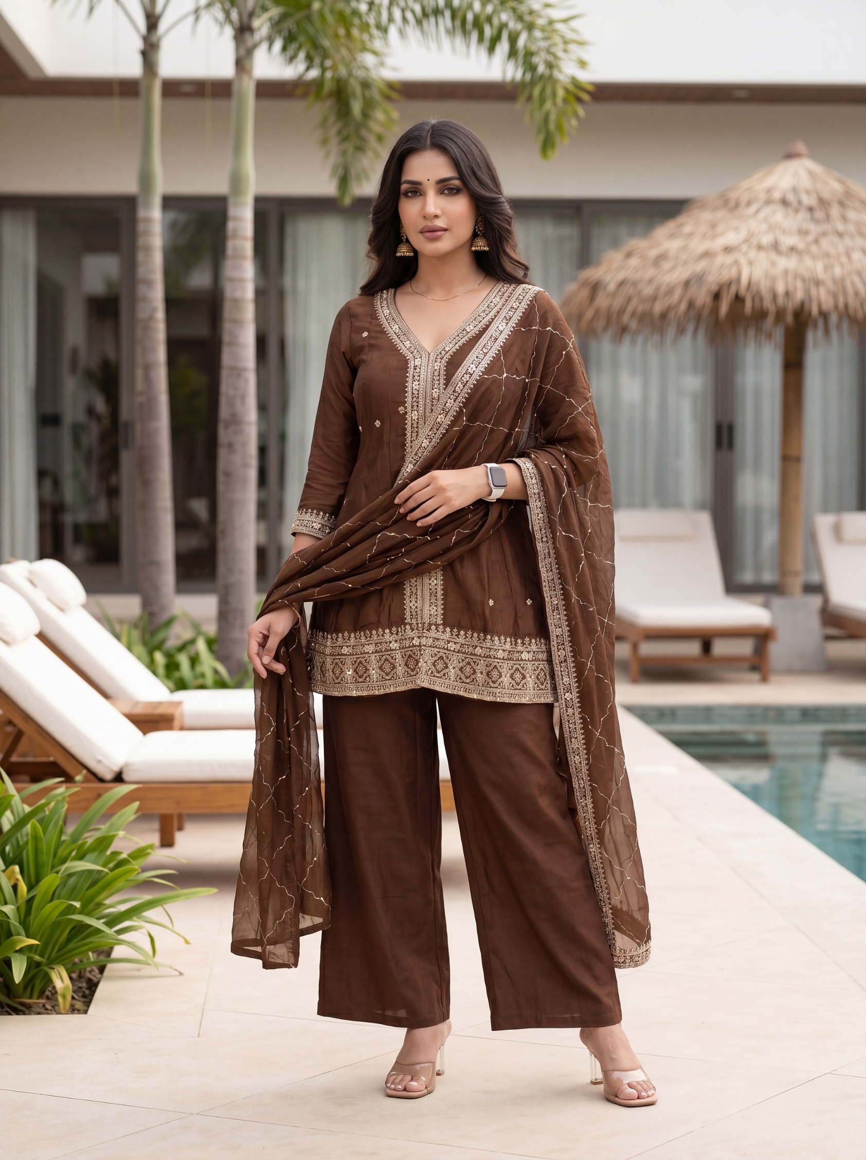 Coffee Solid Designer Embroidery Vichitra Silk Palazzo Suit