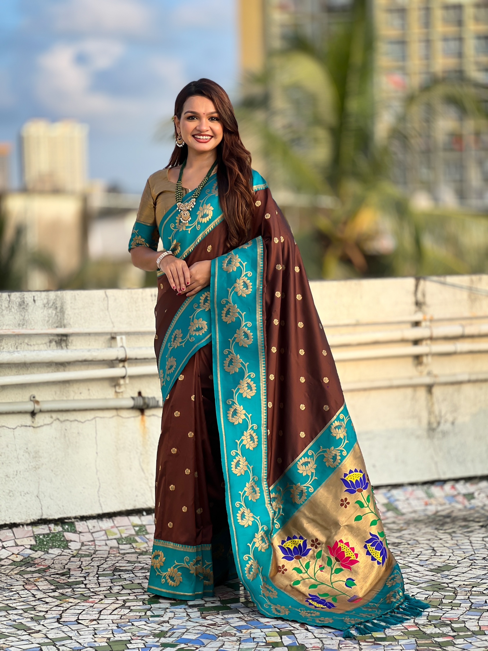Coffee Woven Lotus Meenakari Soft Silk Saree