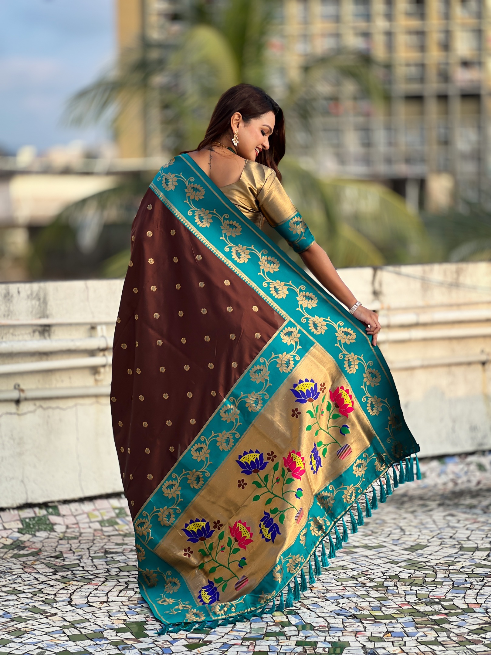 Coffee Woven Lotus Meenakari Soft Silk Saree — alternate view
