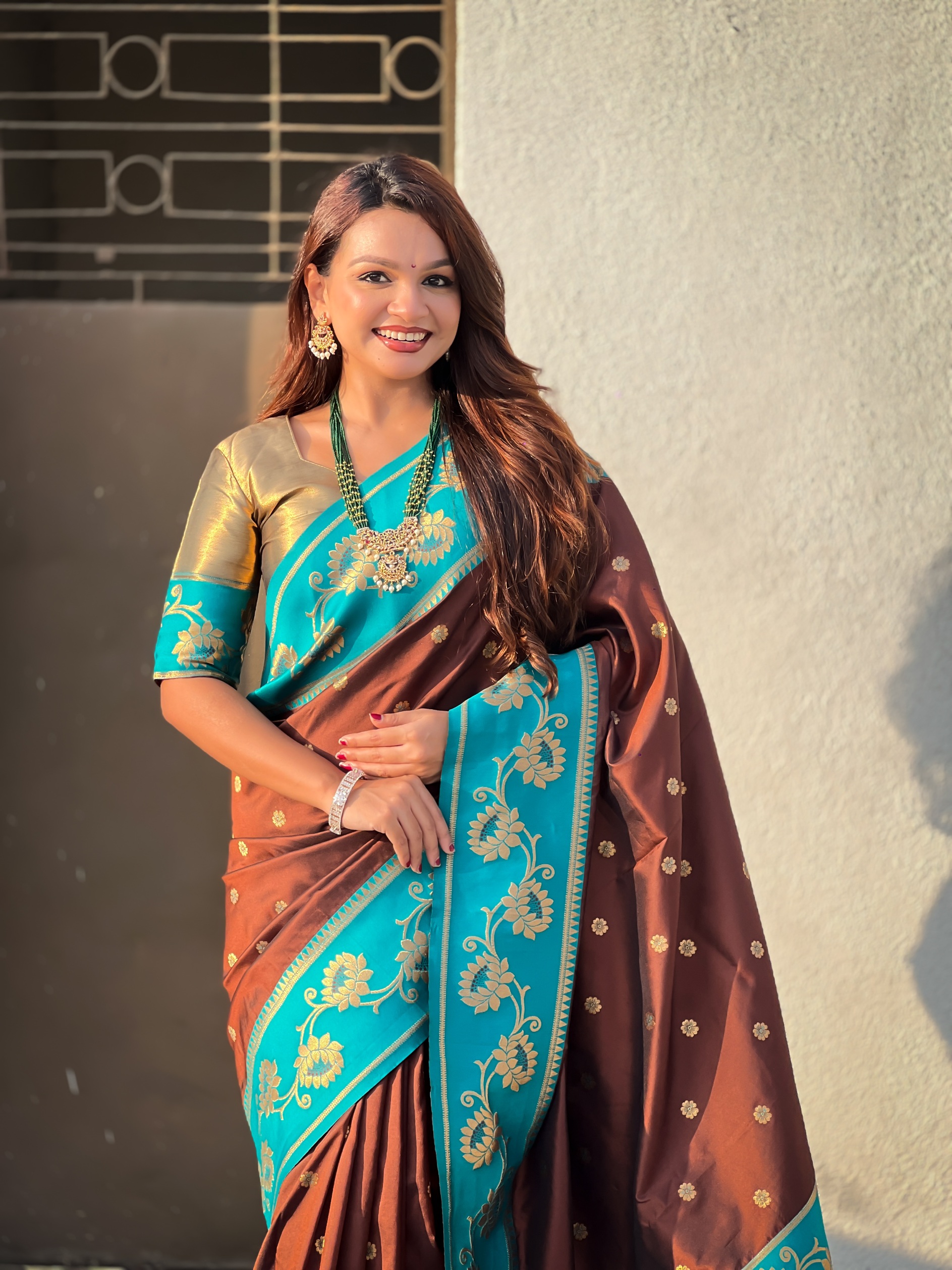 Coffee Woven Lotus Meenakari Soft Silk Saree