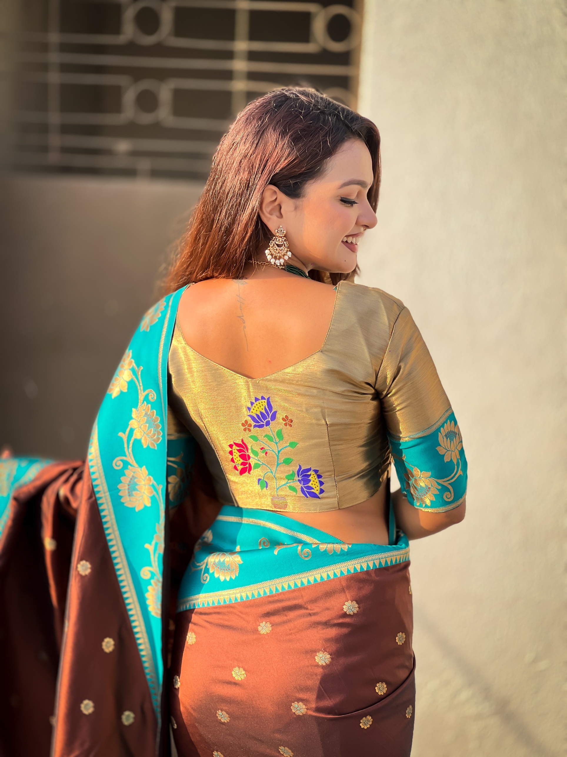 Coffee Woven Lotus Meenakari Soft Silk Saree