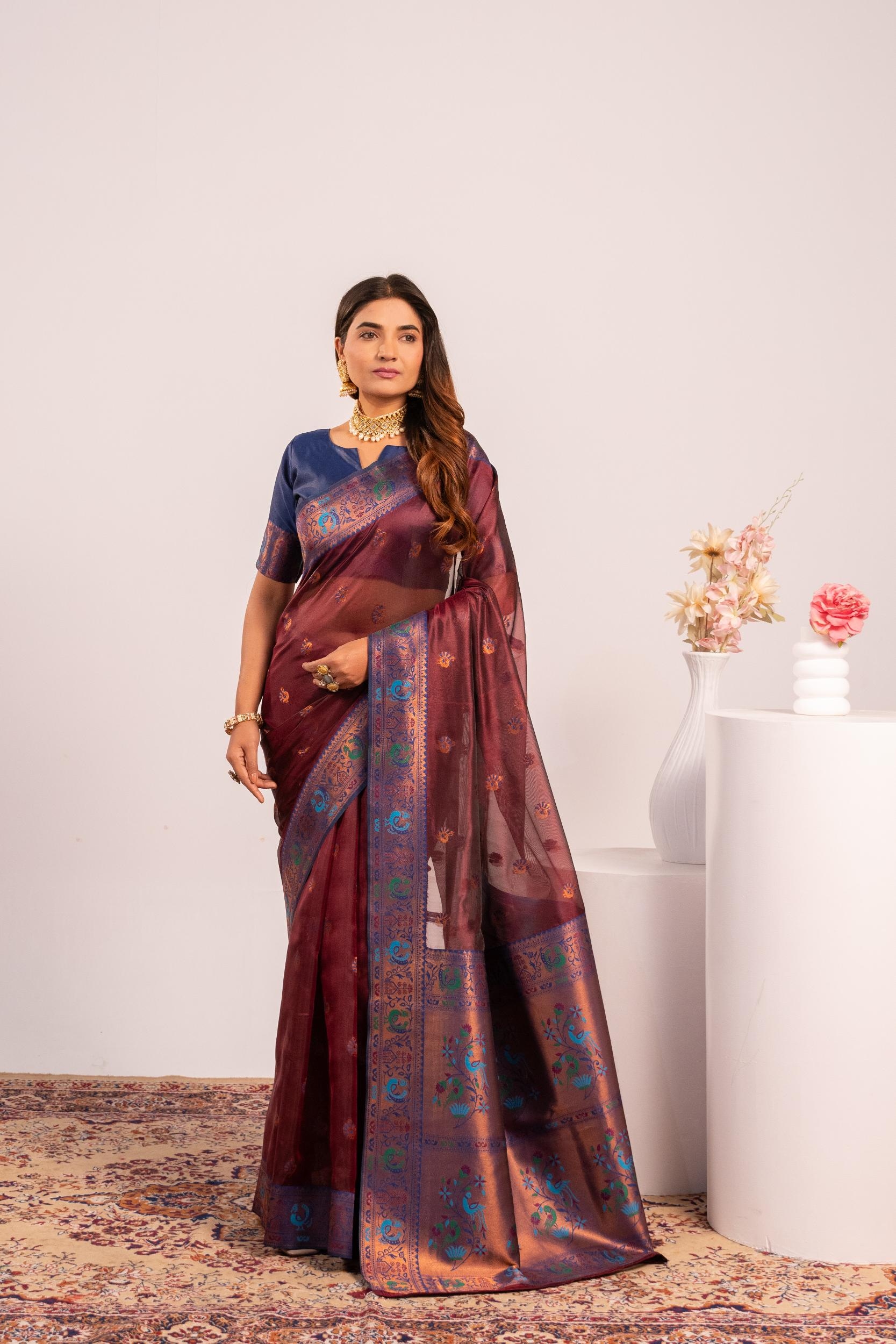 Coffee Woven Paithani Tissue Silk Saree