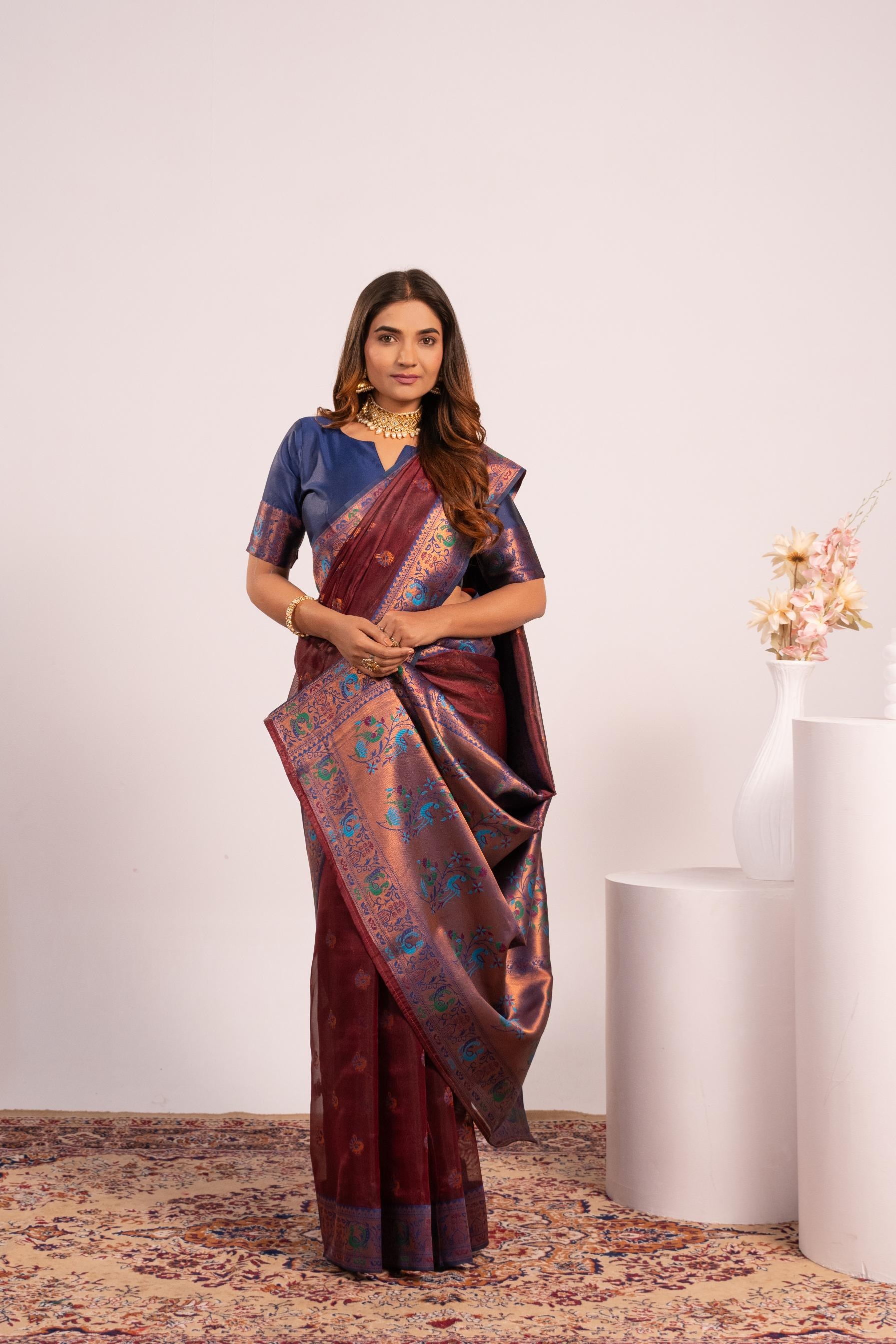 Coffee Woven Paithani Tissue Silk Saree
