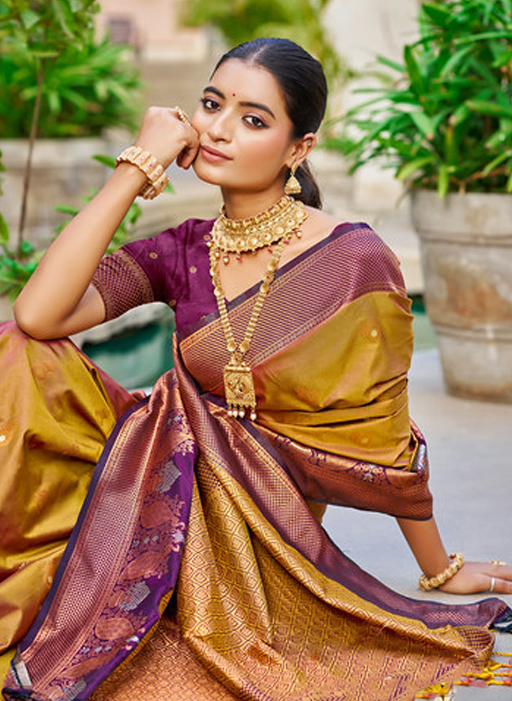 Copper Gold Woven Soft Silk Saree