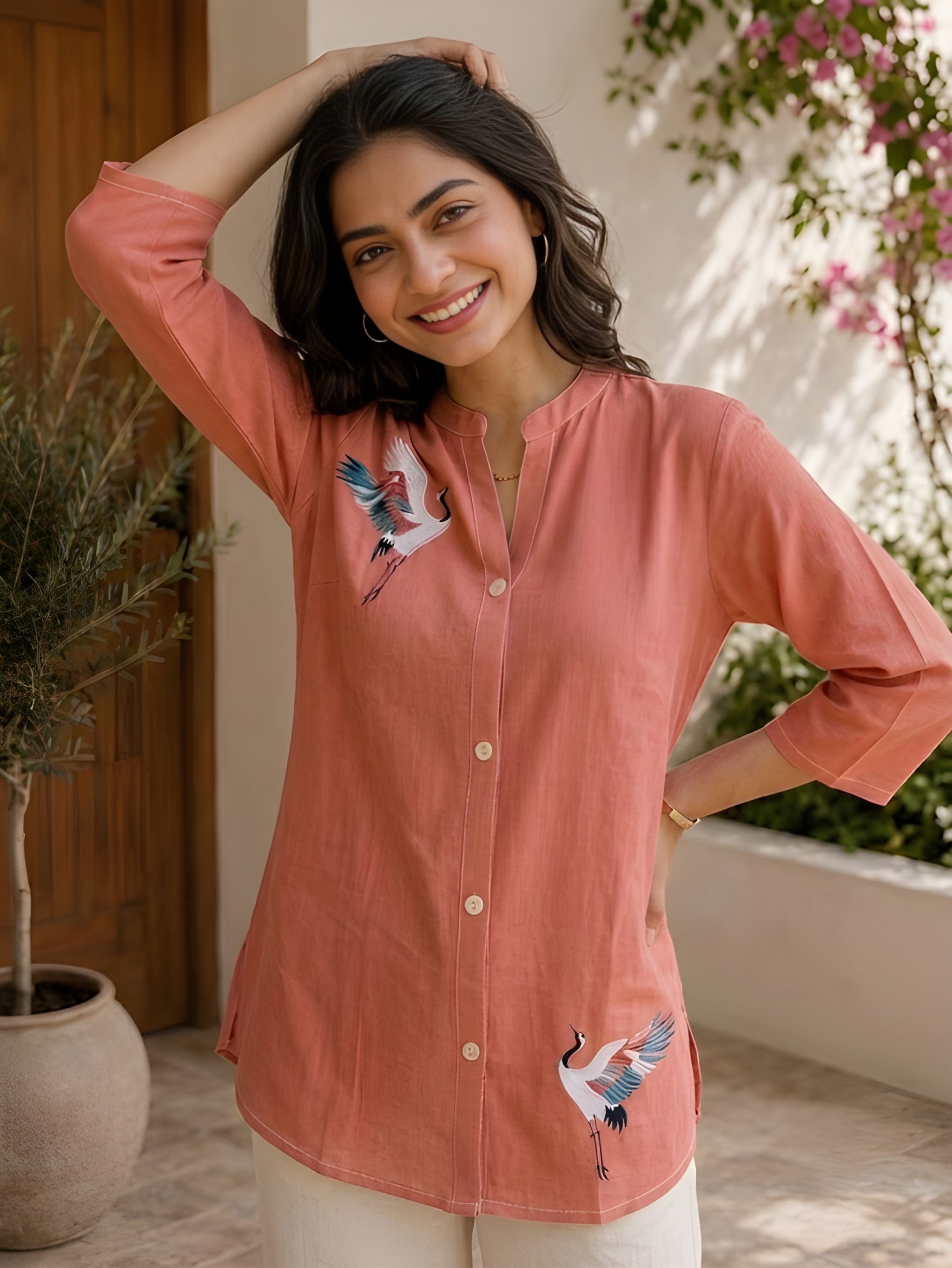 Coral Bird Printed Cotton Short Kurti