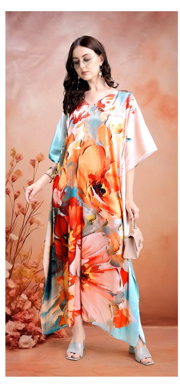 Coral Garden Statement Digital Printed Satin Kaftan