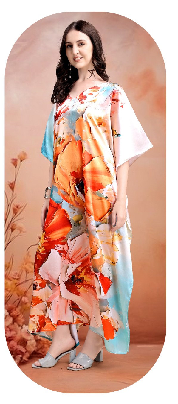 Coral Garden Statement Digital Printed Satin Kaftan