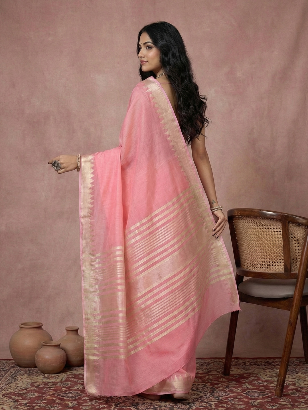 Coral Pink Woven Designer Cotton Saree — alternate view