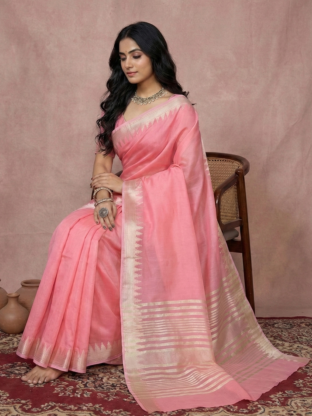 Coral Pink Woven Designer Cotton Saree