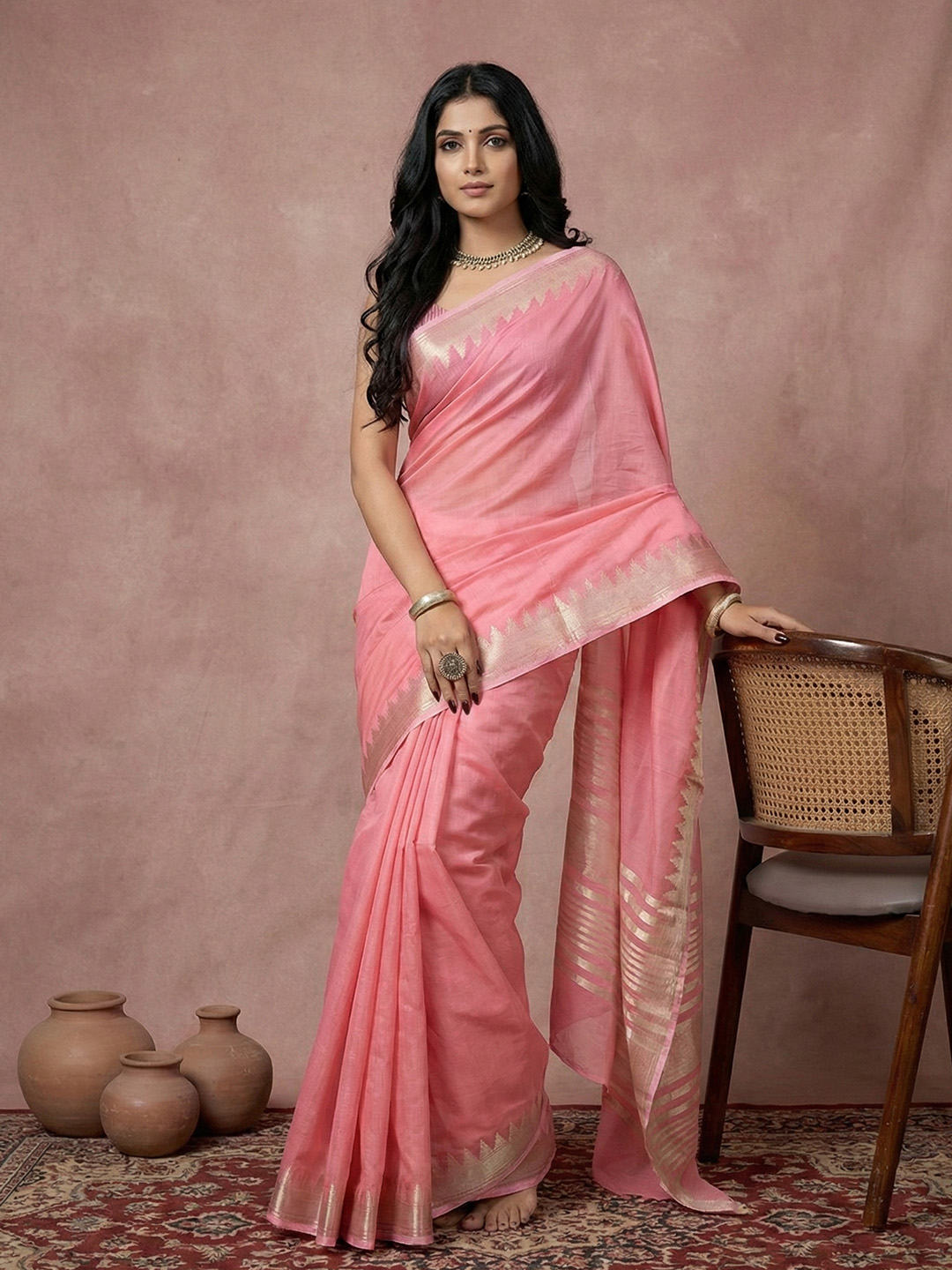 Coral Pink Woven Designer Cotton Saree