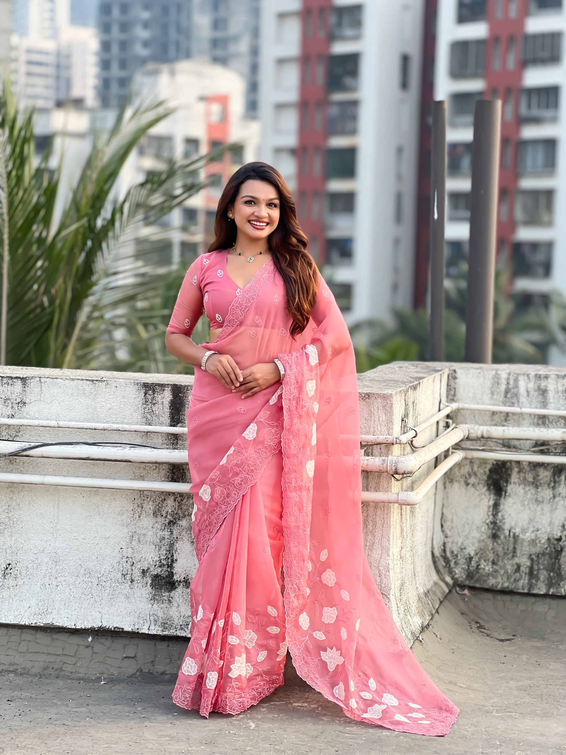Coral Thread Embroidered Chanderi Kora Silk Saree