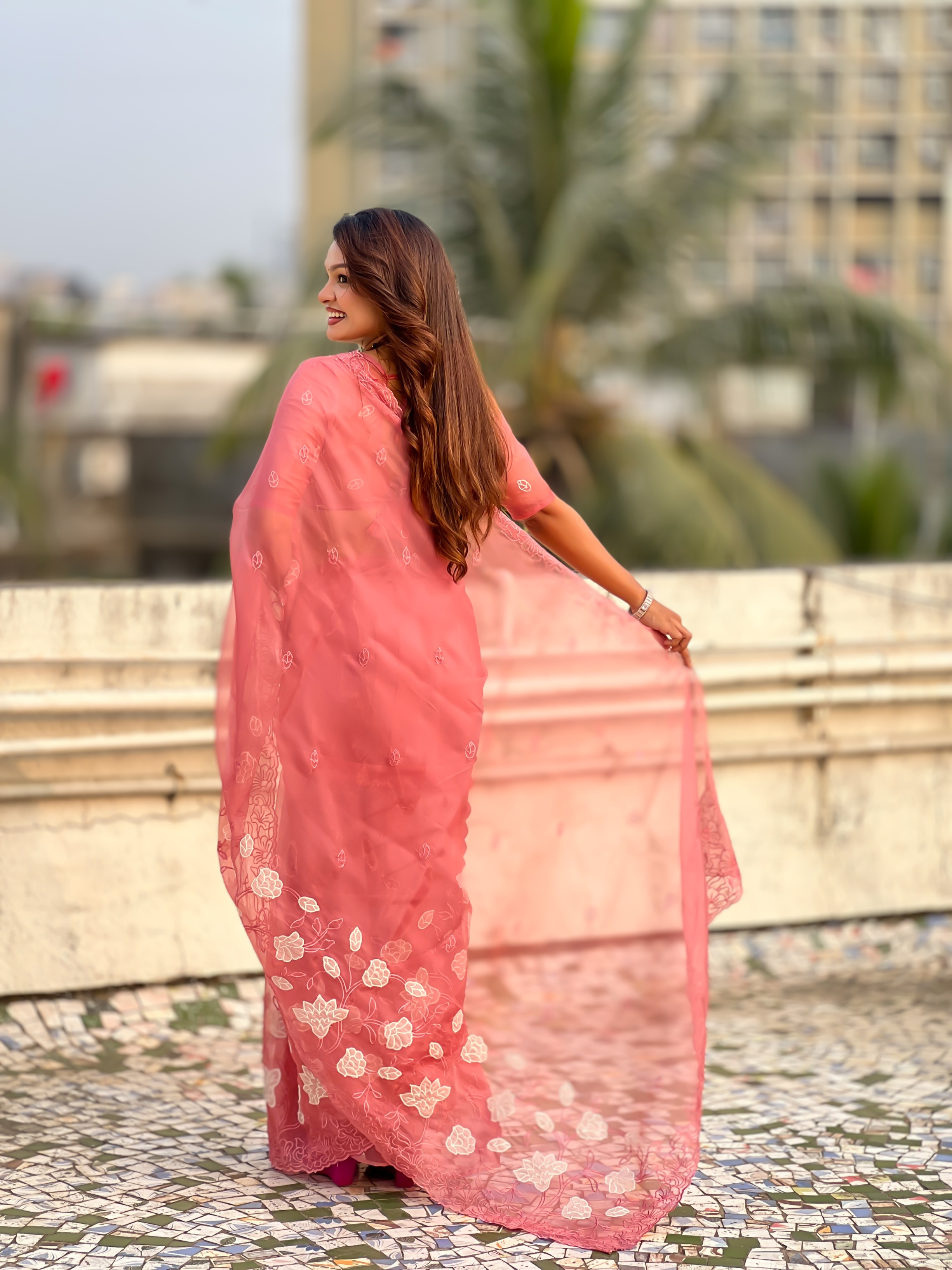 Coral Thread Embroidered Chanderi Kora Silk Saree — alternate view
